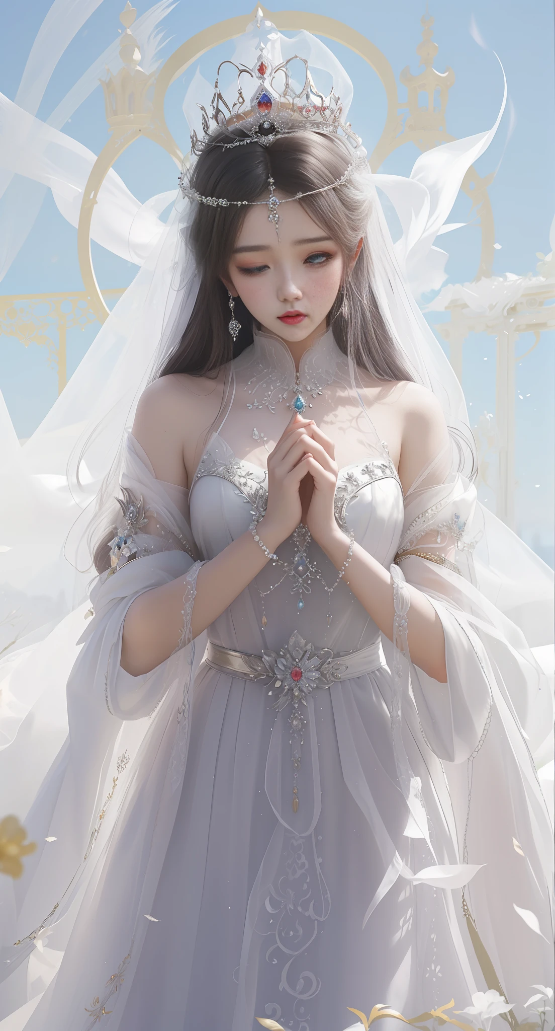 a woman in a white dress with a crown and a veil, ethereal beauty, a beautiful fantasy empress, ethereal fantasy, ((a beautiful fantasy empress)), a stunning young ethereal figure, extremely beautiful and ethereal, guweiz, anime goddess, incredibly ethereal, beautiful goddess, very ethereal, ethereal and dreamy, (ethereal), palace , a girl in hanfu, ethereal anime