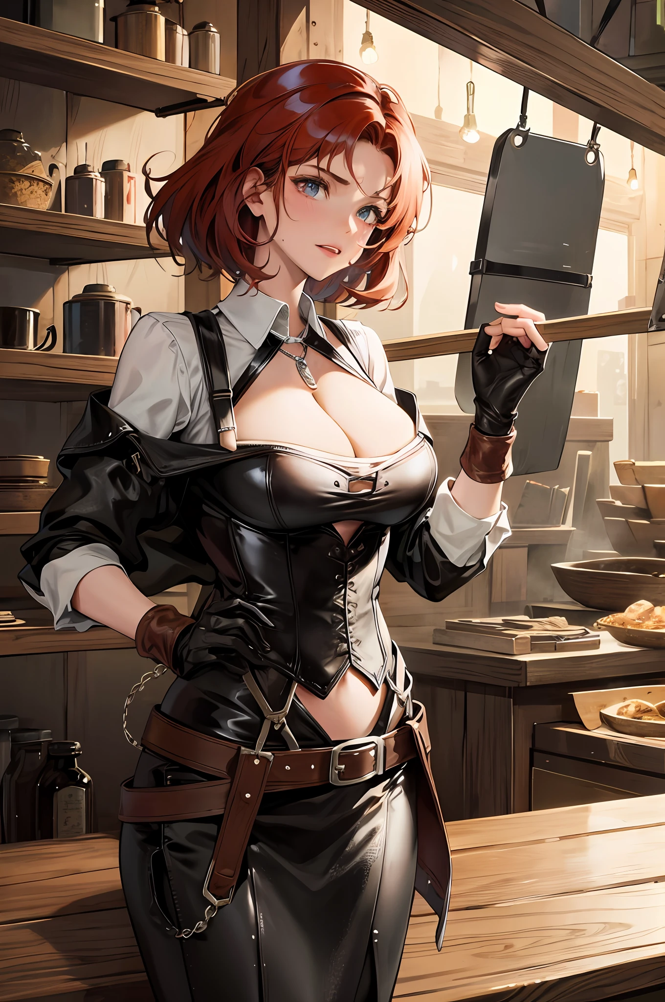 human blacksmith, forge, masterpiece, best quality, super detailed, illustration, super detailed face, best face, blacksmith shop, 30 years old, adult, 1girl, 30 years old, human wife, beauty, dumbass, steel pendant, seductive cleavage, master forge, hot weather, sweat, short red hair, suspenders, leather belt, shield, intricate details