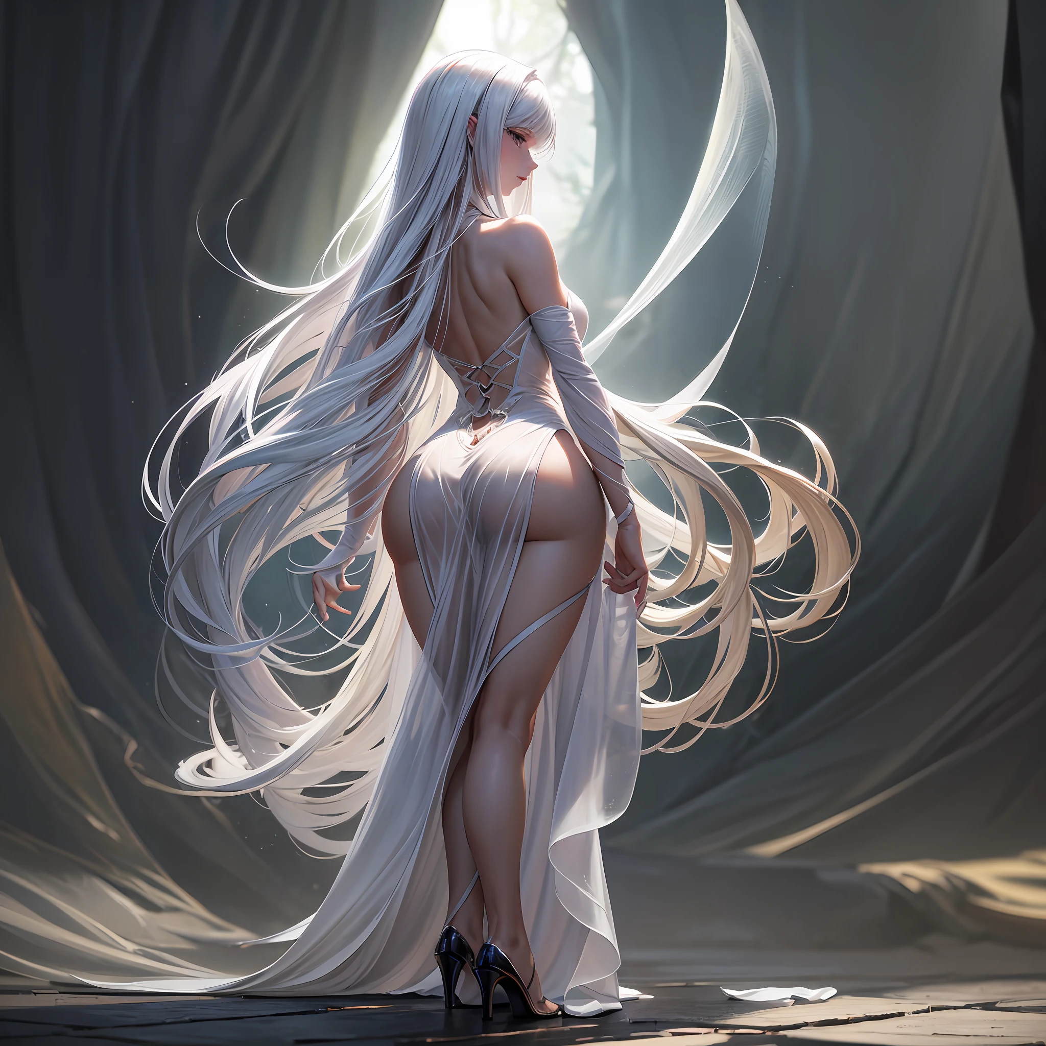 FS, an albino girl with perfect 10 features and long black Rapunzel-like hair, stands in a picturesque Avatar-like scene. Her body is graceful with a petite bust and slender legs. The girl looks stunning in a sheer organza dress with intricate designs. Her high-heeled shoes are elegant with golden patterns. The sunlight creates a subtle silhouette around her contours from the back, while soft and filling light illuminates her from the front. This scene has photorealistic qualities and is a concept art that creates a wow effect of:2. It can be found on the website 500px with hyper-superior details of:2. --auto --s2