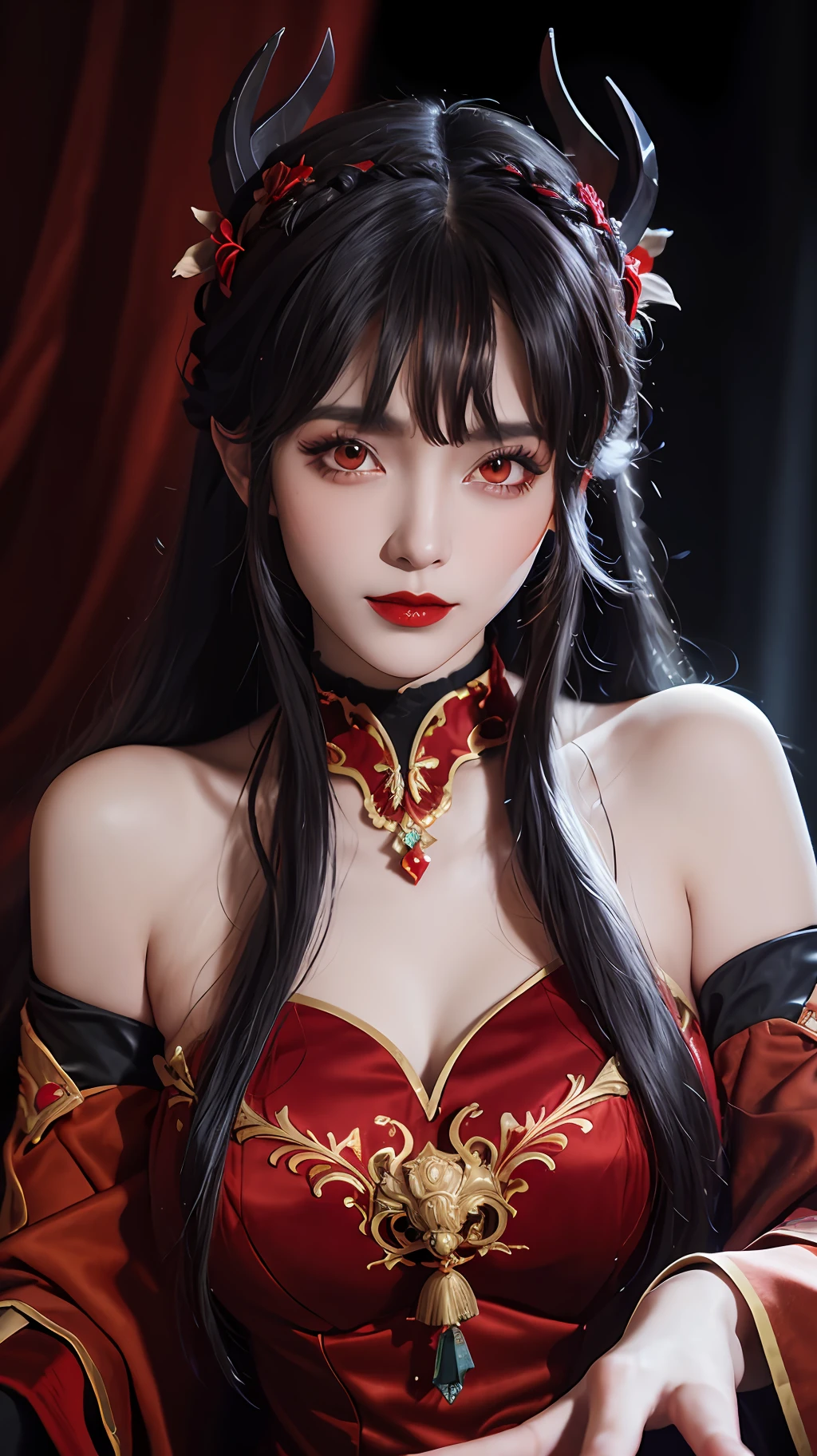 1 beautiful devil woman from hell, In the Dark: 1.6), surreal female portrait by David Hockney and Alphonse Mucha, fantasy art, korea doll, photorealism, dynamic lighting, artstation, poster, volumetric lighting, very detailed faces, 8k ultra, Awarded, in the dark, deep shadow, low key, cowboy lens, (Red phoenix dress: 1.4), long hair, black hair, bust, luxurious palace, Royal style, devil crown, red eyes make up very sharp and detailed, The most beautiful face, big and regular breasts, Super realistic, chinese women's clothing, polo neck sweater, Charming smile, The eyes are very well made up, guweiz, devil style, loong, wearing black mesh socks, upper body, 2 bangs braided hair, Red lips, Devil tattoo on shoulder, wearing a thin red and black robe, the landscape is overcast and thunderous, Portrait,Close-up of the main character,