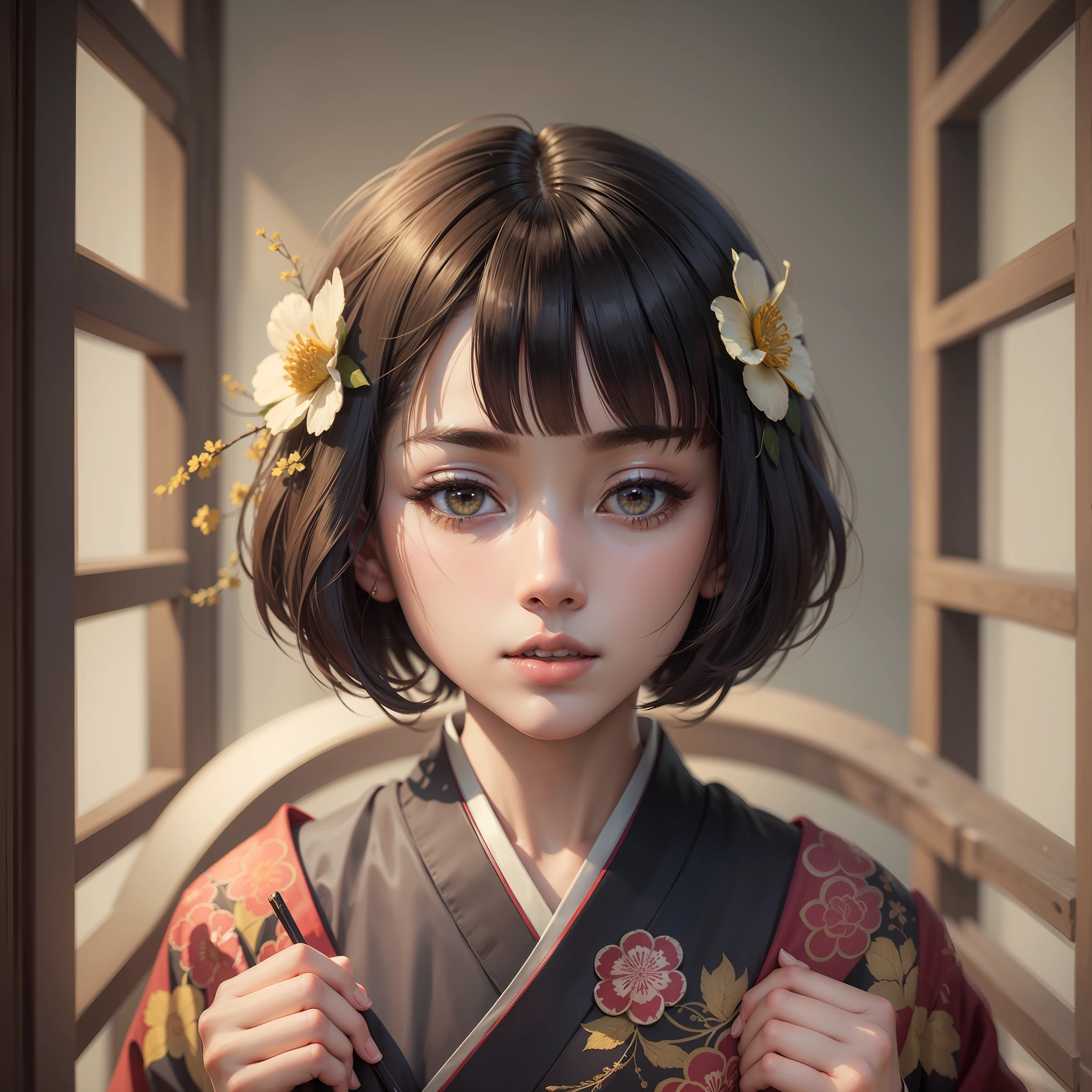 Top Quality, Masterpiece, High Definition, 1girl, Beautiful and Perfect Face, Bob Cut, Japanese Clothing,Kimono, Intricate Details, Cinematic Feel, 8K, Very Detailed --auto --s2