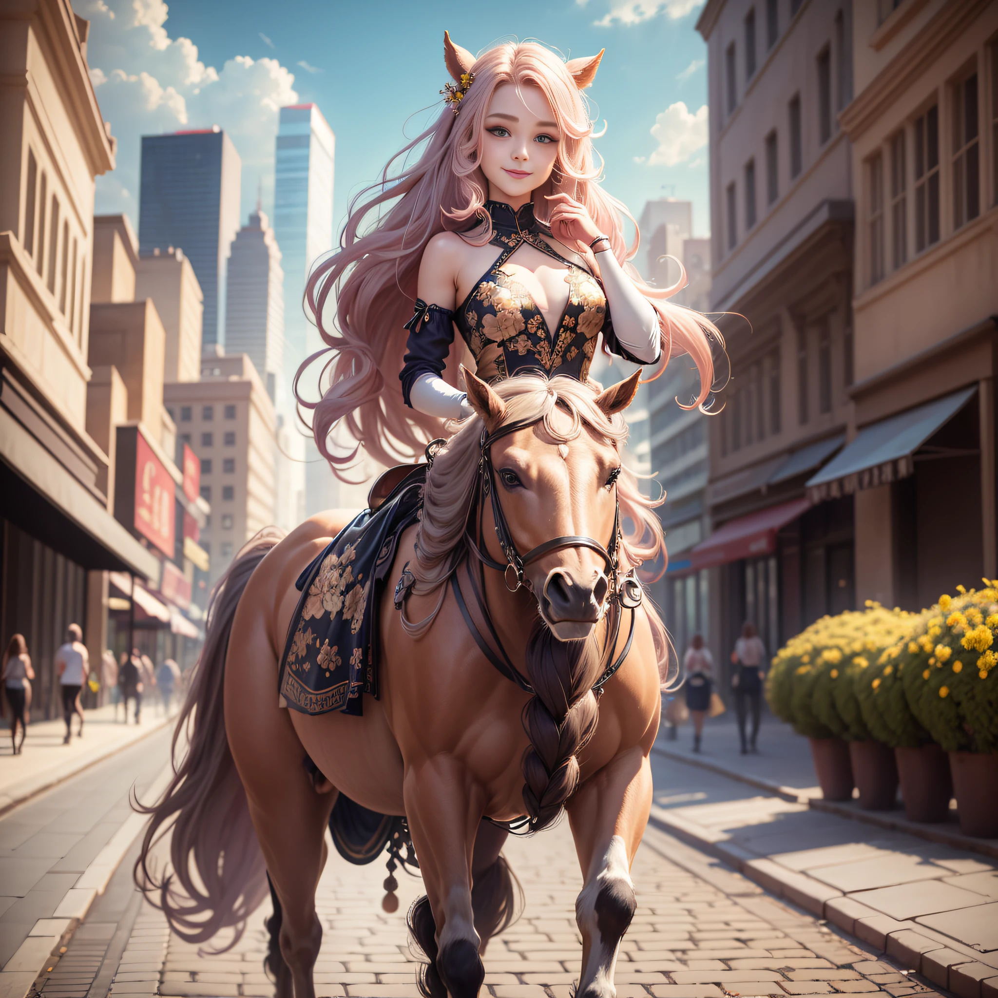 beautiful female centaur, beautiful hair, happy face, full body, beautiful, modern clothes and style, 8k, intrincate, smooth, beauty face, detailed, super realistic, city, trees, flowers --auto --s2