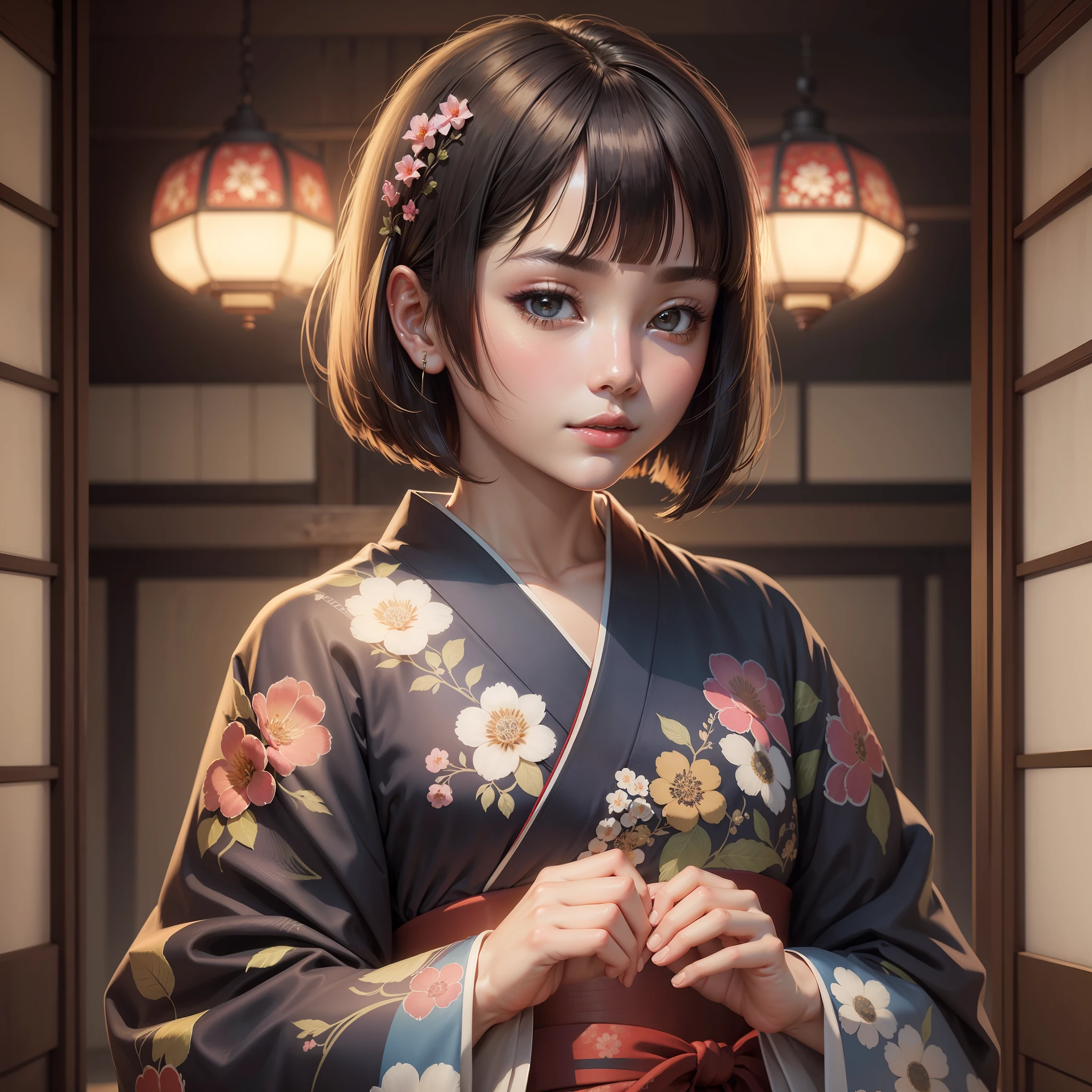 Top Quality, Masterpiece, High Definition, 1girl, Beautiful and Perfect Face, Bob Cut, Japanese Clothing,Kimono, Intricate Details, Cinematic Feel, 8K, Very Detailed --auto --s2