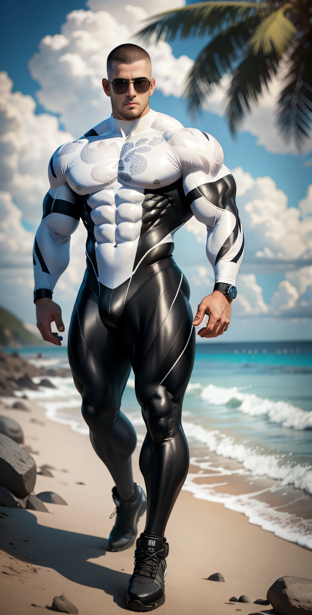 Allad man in white and black clothes standing on the sunny seashore, American round head, Buzz Cut, tall and burly, muscular male hero, heroic male pose, muscular! Wearing black sunglasses, spandex tight high elastic bodysuit, symmetrical floral design, super buff and cool, high resolution committee, character design police, black military boots, attractive strong male with spandex tight high elastic bodysuit, weaving hot sunlight on the body