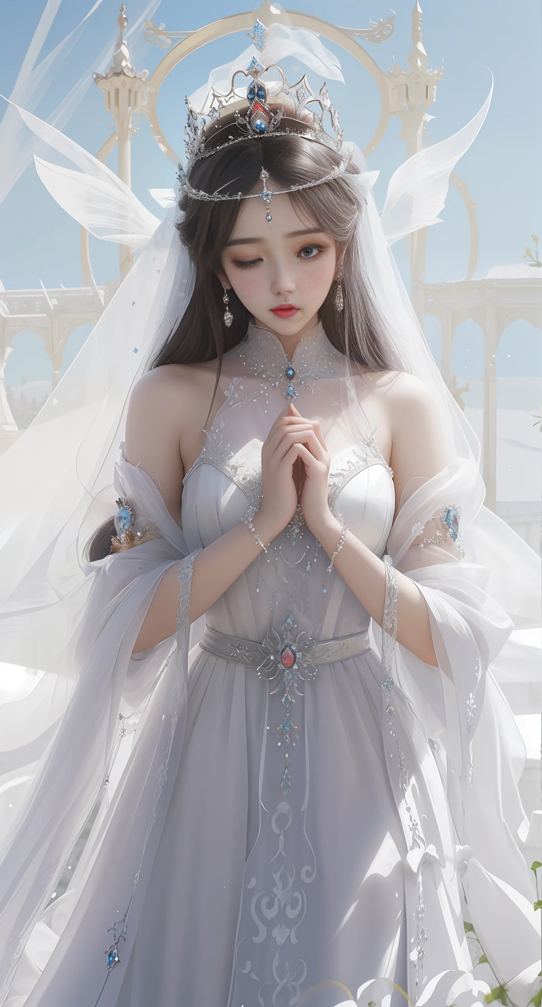 a woman in a white dress with a crown and a veil, ethereal beauty, a beautiful fantasy empress, ethereal fantasy, ((a beautiful fantasy empress)), a stunning young ethereal figure, extremely beautiful and ethereal, guweiz, anime goddess, incredibly ethereal, beautiful goddess, very ethereal, ethereal and dreamy, (ethereal), palace ， a girl in hanfu, ethereal anime