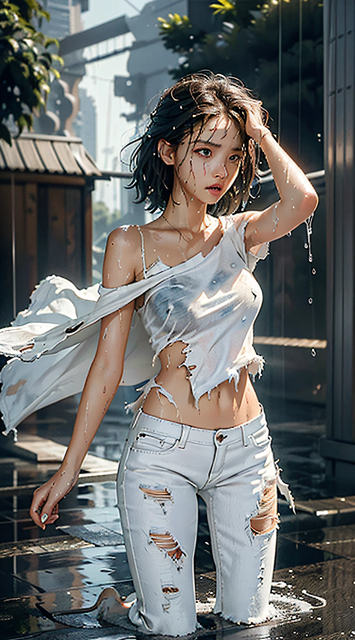 best image quality, masterpiece, super high resolution, (fidelity:1.4), photo, 1 girl, white shirt, torn jeans, white sneakers, dim, darkness, despair, pity, poor, movie, tears, teardrops, (torn clothes:1.5), (wet clothes:1.4), bare shoulders, real rain, wet hair,..