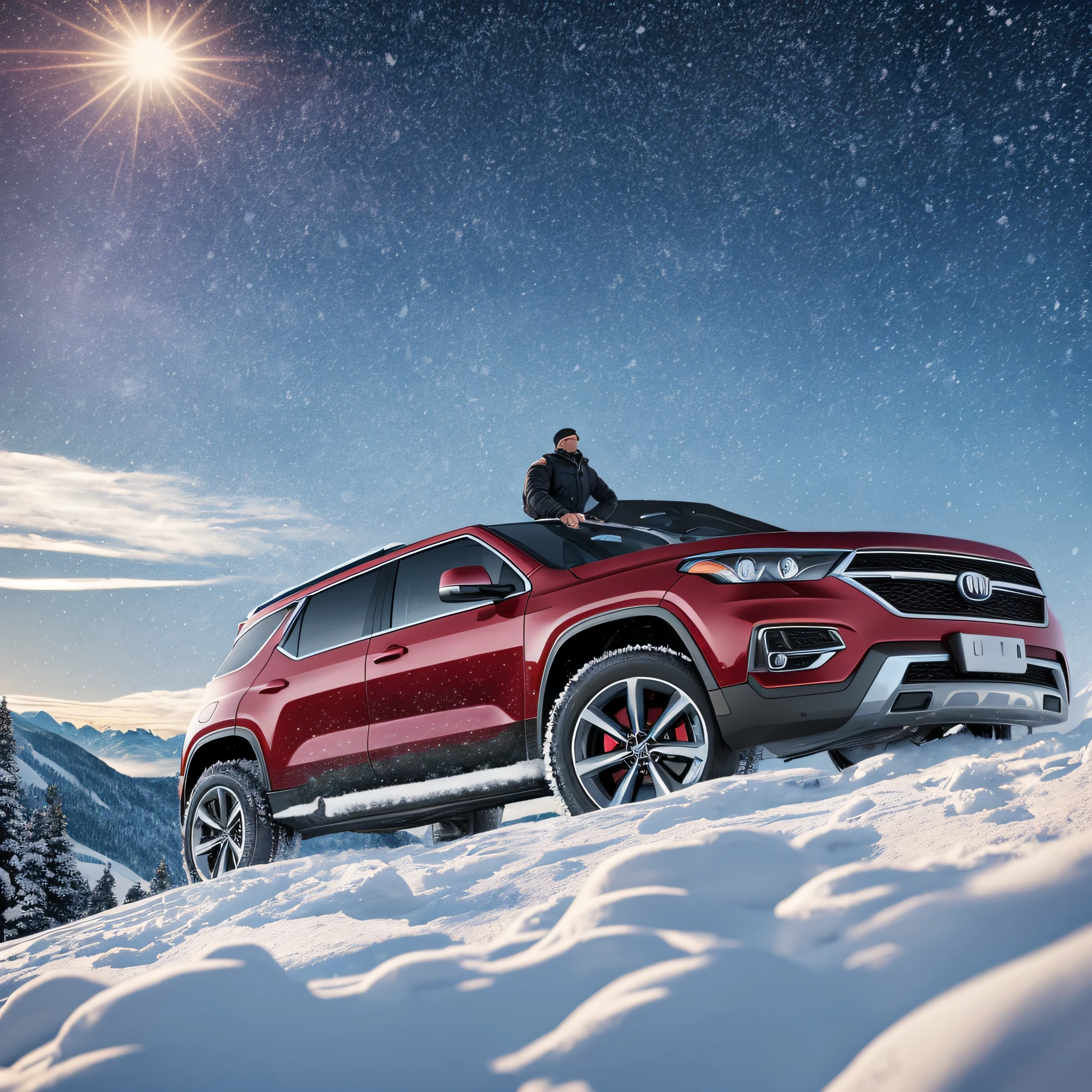 a men with their suv car in the top of a mountain looking the view, winter, snow, hyper-realistic photography, cinematography, cinematography, hyper-detail, UHD, color grading, HDR , color grading, hyper-realistic CG --ar 16:9 --wide --q 2 --auto --s2