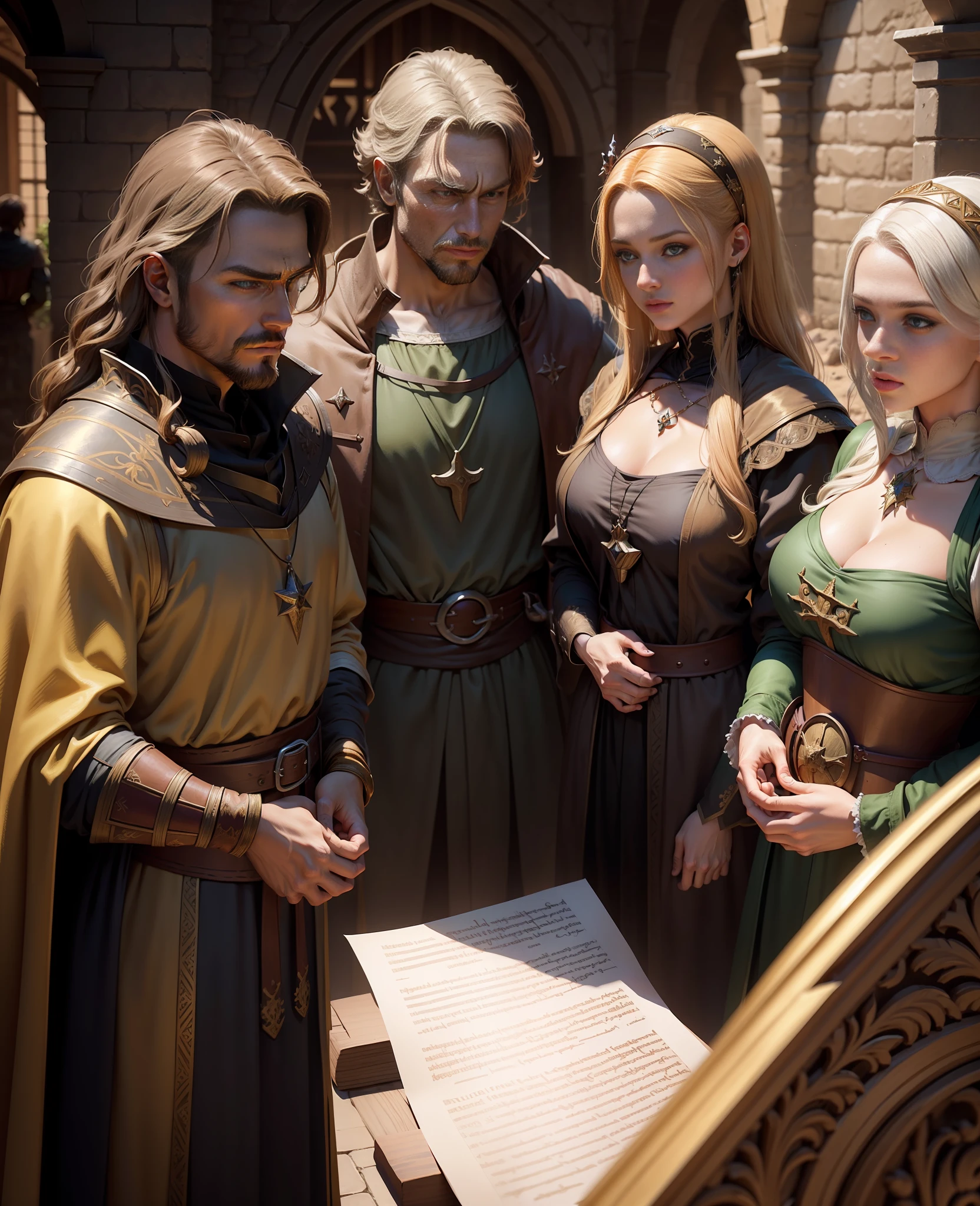 extremely detailed poster image of four characters two men and two women, ((medieval style, rpg character class)), 8k uhd, RAW photography, digital painting, ultra detailed, golden ratio