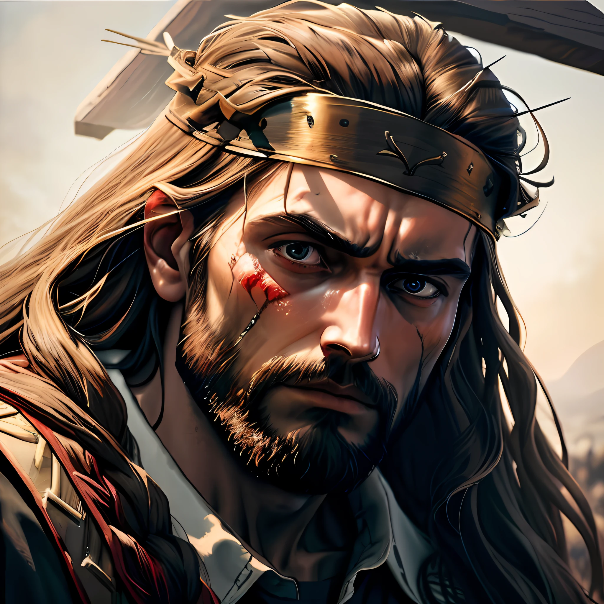 close-up,Jesus, warm light, a man with long brown hair and a beard, wearing a crown of thorns, bleeding from his forehead, looking at the sky with a pained expression, a wooden cross and a dark sky in the background, 8k, stained glass