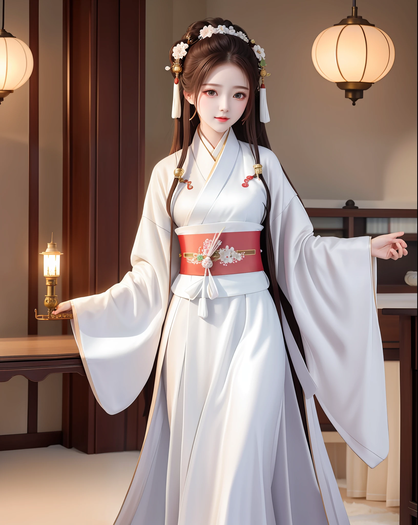 High quality, masterpiece, high resolution, 1 female, beauty, Hanfu, white robes, indoor, holding books, bookcase, oil lamp, warm light
