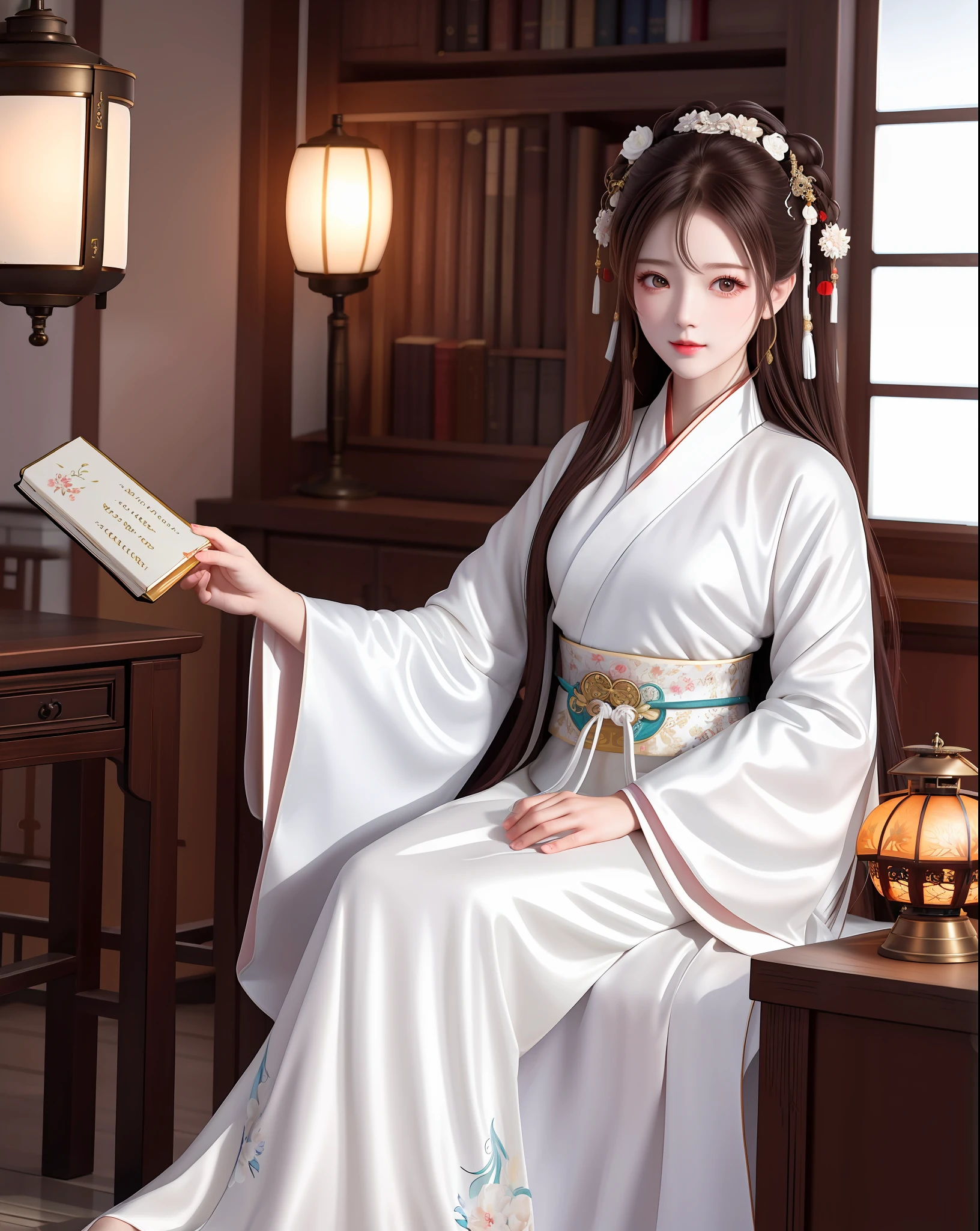 High quality, masterpiece, high resolution, 1 female, beauty, Hanfu, white robes, indoor, holding books, bookcase, oil lamp, warm light