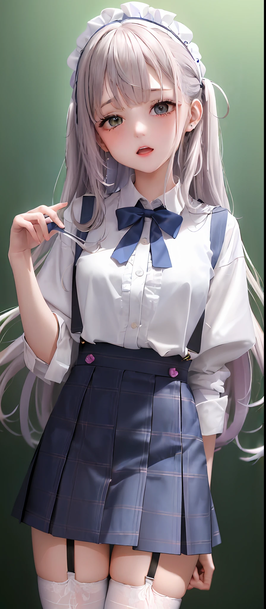 1girl, (masterpiece:1.1), (best quality:1.1), (white blouse:1.1), (plaid skirt:1.1), school uniform, high-waisted skirt, break [blue:pink:0.5] theme, (gradient background: 1.1), denim lens, break silver hair, long hair, green eyes, delicate headdress, sideways, one-leg white lace suspender stockings , flip skirt, vaginal vaginal vibrator, vaginal vaginal vibrator, vaginal vaginal vibrator, vaginal, vaginal, masturbation, masturbation, expression,,, vaginal spray