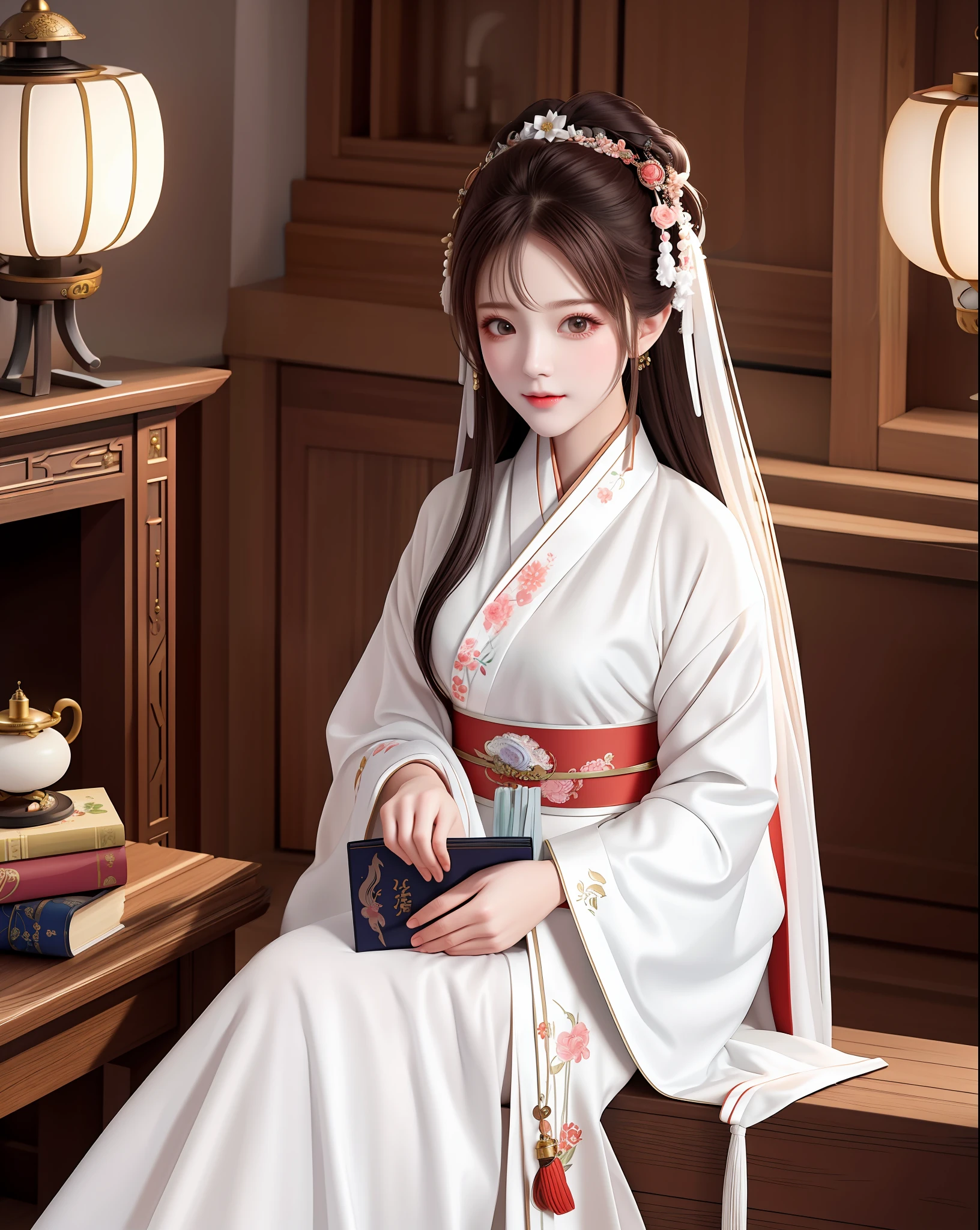 High quality, masterpiece, high resolution, 1 female, beauty, Hanfu, white robes, indoor, holding books, bookcase, oil lamp, warm light