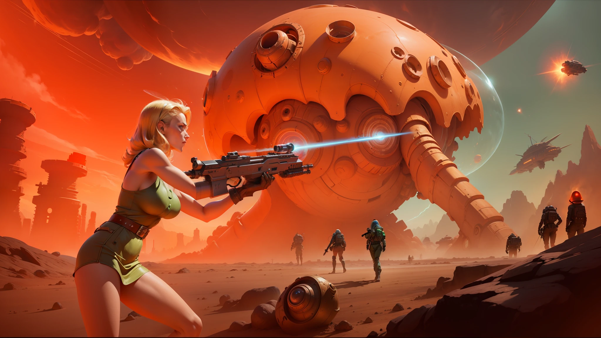 there is a woman holding a gun in front of a giant alien, 1 9 5 0 s concept art ) ) ), shoggoth, red desert, weaponized, doom, elimination of humanity, futuristic female beekeeper, artist rendition, irradiated humans, flesh - tone color palette, huge space battle, aspic, a blonde emerald warrior, video game fanart, art. sci-fi --auto --s2