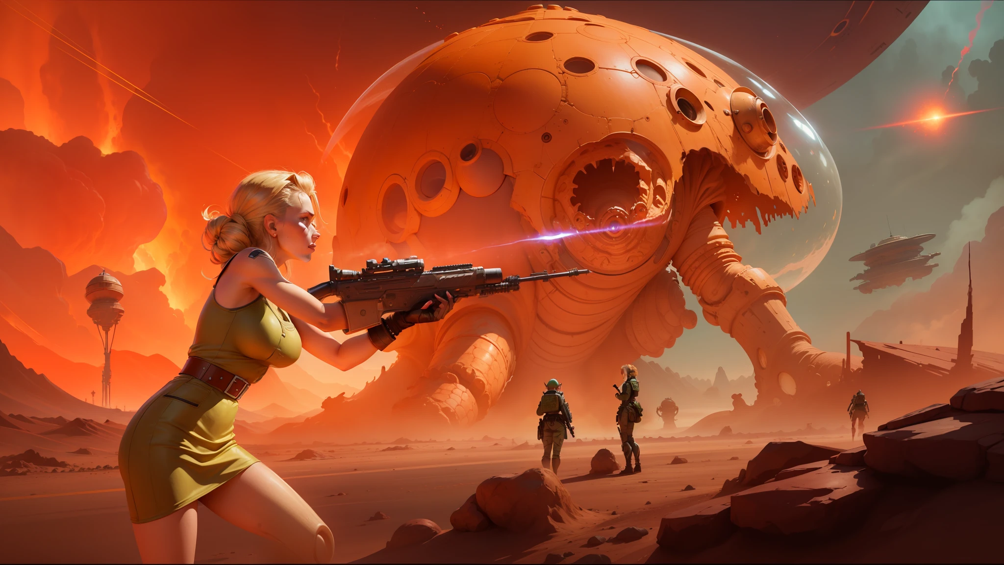 there is a woman holding a gun in front of a giant alien, 1 9 5 0 s concept art ) ) ), shoggoth, red desert, weaponized, doom, elimination of humanity, futuristic female beekeeper, artist rendition, irradiated humans, flesh - tone color palette, huge space battle, aspic, a blonde emerald warrior, video game fanart, art. sci-fi --auto --s2