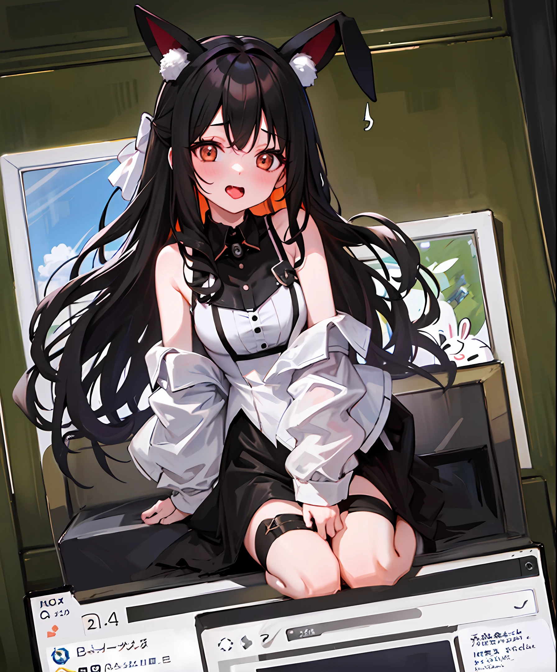 A girl with long black hair in a bunny girl costume, blushing, wearing black silk, duck sitting, on the bed, opening her mouth, sticking out her tongue, panting, and the black silk broke through several holes