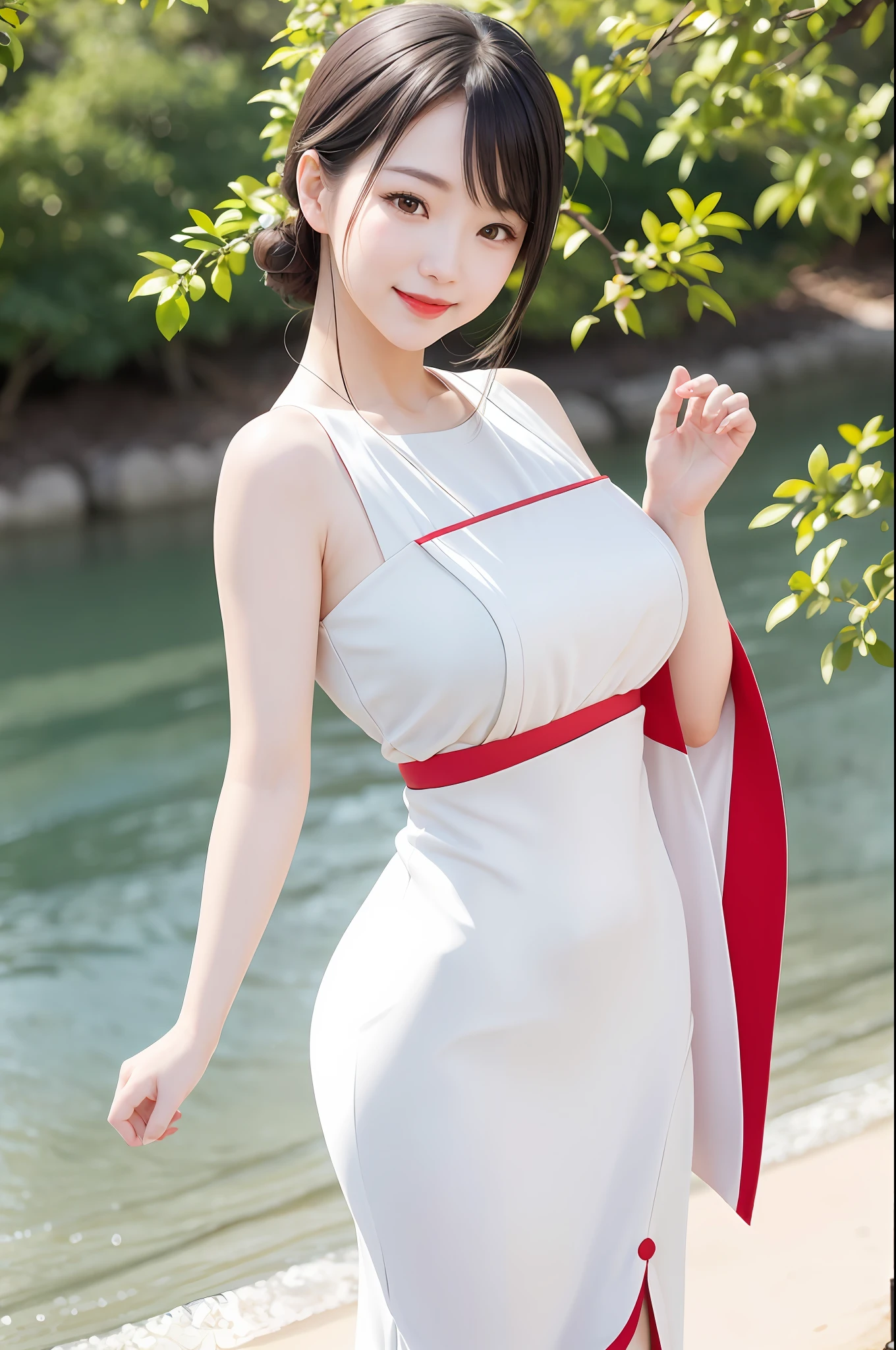 almond eyes,A Japanese woman is standing near river, peach Red lips, tender and smooth skin,(white skin:1.1),black hair,(smile:1.2),very realistic details,  ultra-high resolution,bokeh,outstanding details, 8K