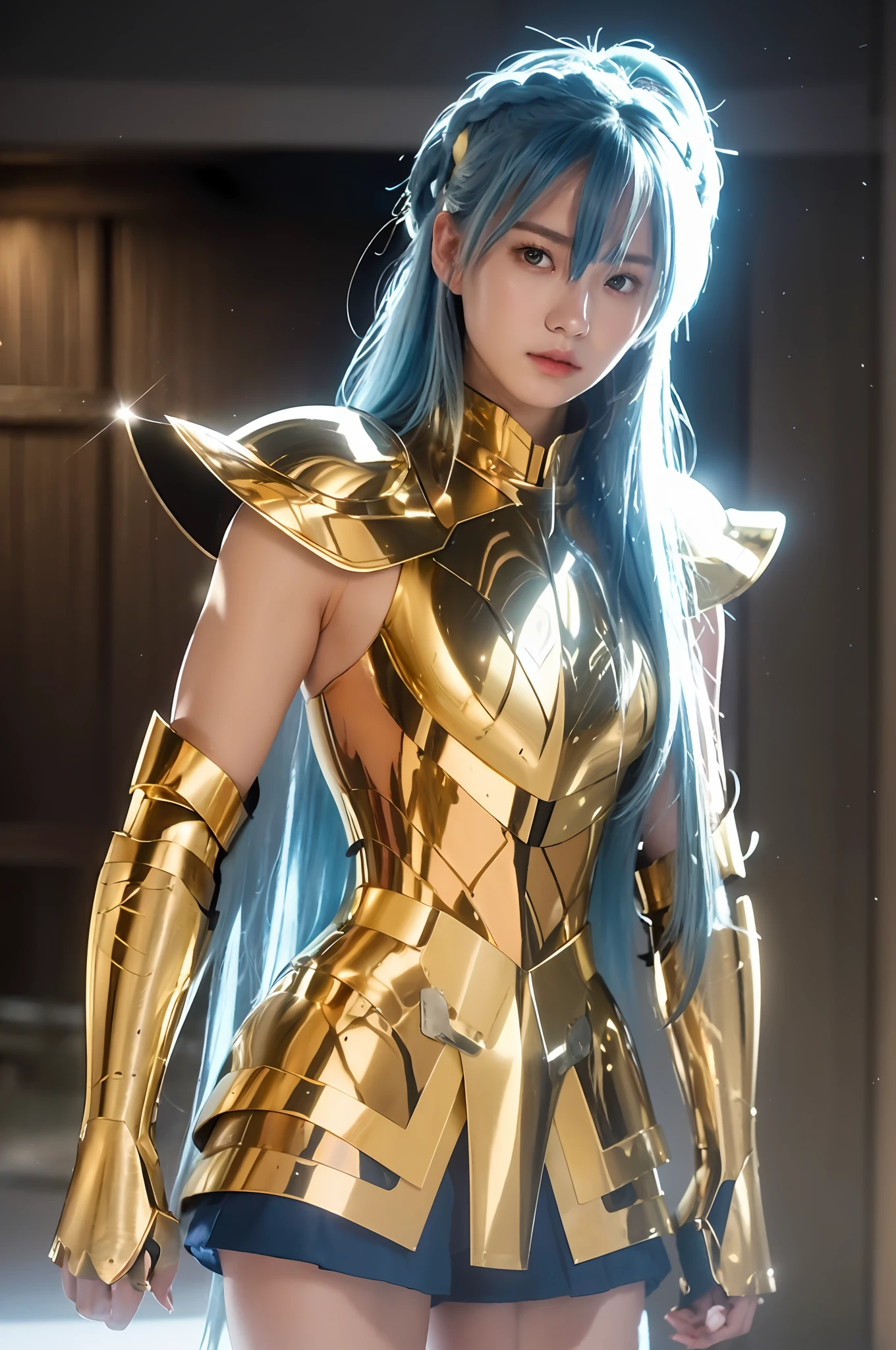 masterpiece, best quality,highly detailed RAW color Photo, sharp focus, 8k high definition, 1girl, long hair, turtle neck, close up photo, female wearing armor, light blue hair, helmet, leg armor, shoulder armor, long hair, yellow armor, reflection on armor, headset, yellow head band, sparking armor, white skin tight transparent vinyl, at night, from lower, AquariusArmor, standing strait, (gold armor:1.2) moonlight reflection, sacredness , landscape, bright (facial freckles:0.1), to8contrast style, posing in a dark studio, (rim lighting,:1.4) two tone lighting, octane, unreal, dimly lit, (low key:1.3),