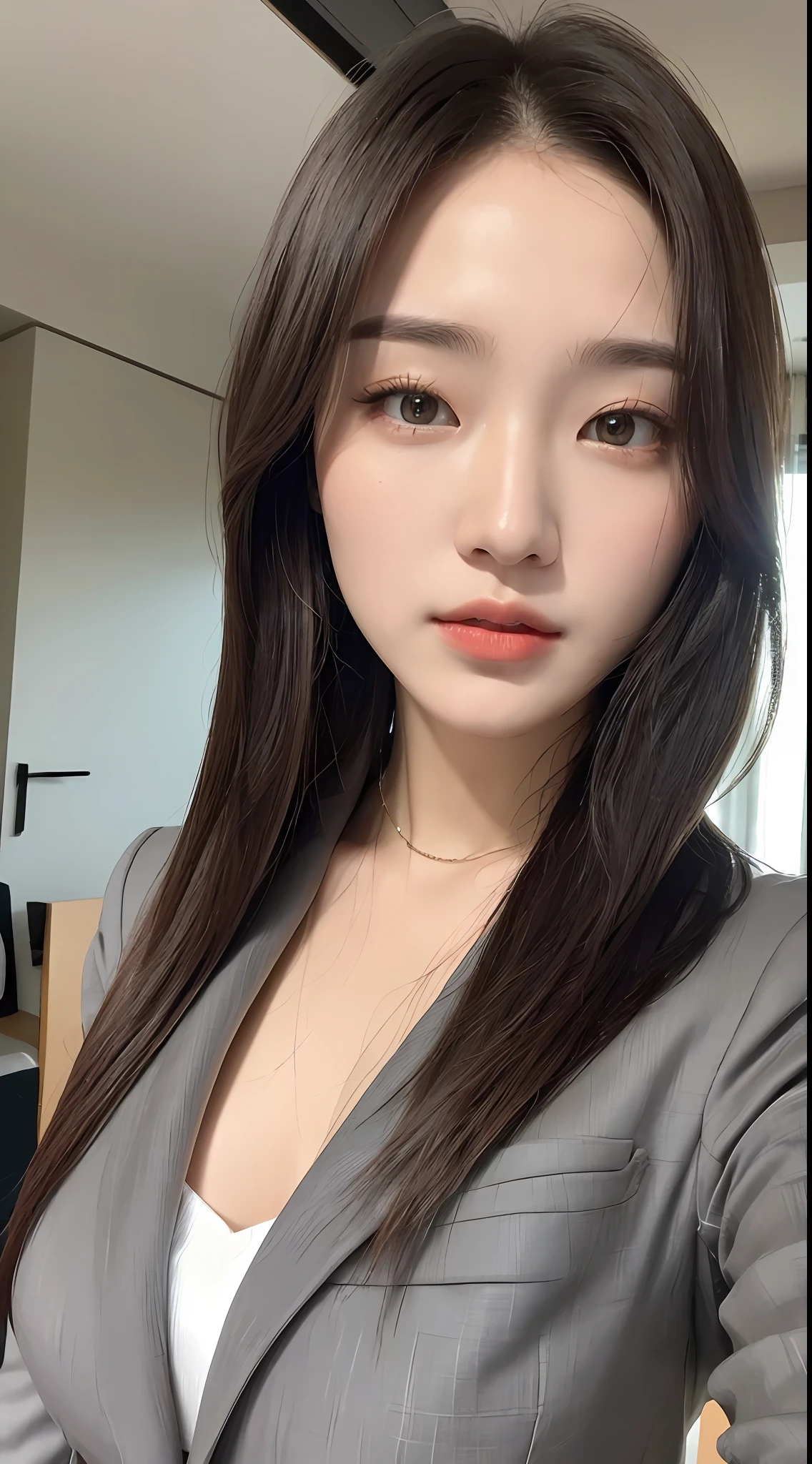 ((Top Quality, 8k, Masterpiece: 1.3)), 1 girl, pretty woman who emphasizes slender abs: 1.3, (Random hairstyles, beautiful: 1.2), Gray business suit: 1.2, Indoor, Ultra detailed face, detailed eyes, double eyelids