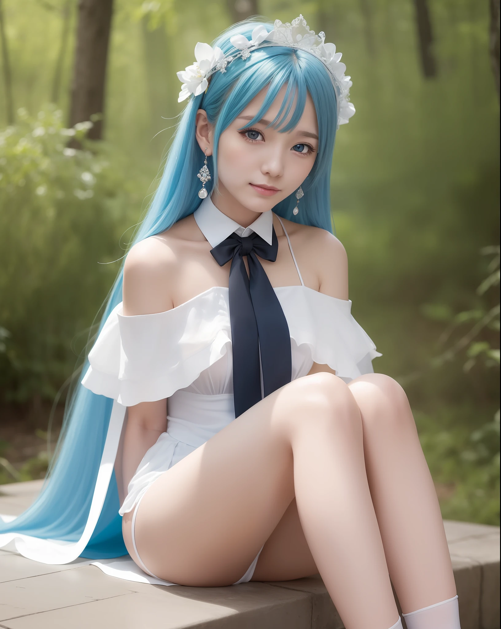 Best quality, ultra high resolution, (photo real: 1.4), Japan person, sky blue hair, long hair, blue eyes, sharp chin, (thin), small breasts, sitting, bend both knees, holding both knees, thin legs, white socks, light makeup, white cape, black string tie, sky blue dress, white lingerie visible under the dress, white down shoulder badge, princess line, smile, cute, stage, Small teardrop earrings, five fingers