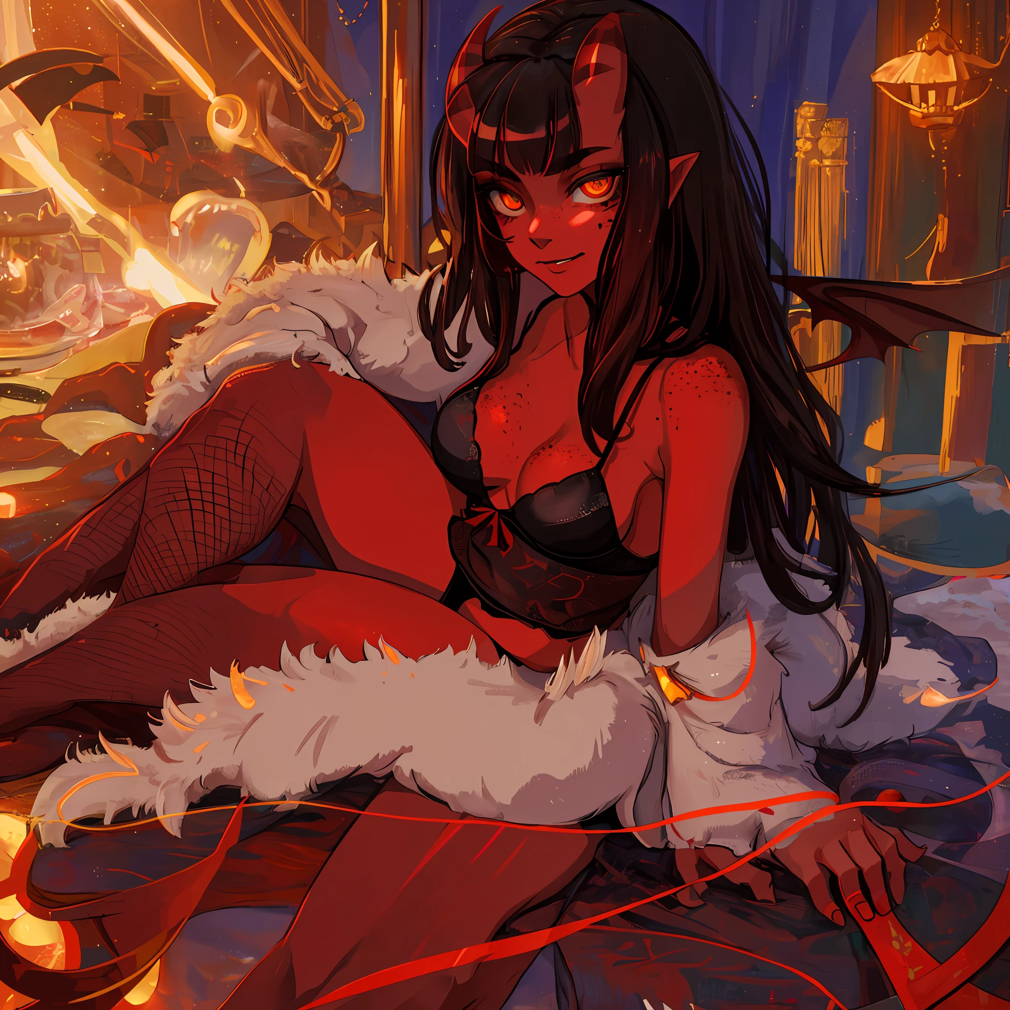 there is a girl sitting crossed leg on a bed, anime girl, anime, hot, sexy, alluring, demon girl, succubus, meruthesuccubus, merubus, red skin, red horns, red tail, red heart shaped eyes, sexual inviting face, tank top, pajamas, big breasts, soft and warm lighting, masterpiece, 4k, highres, high quality, highly detailed, in an apartment nedroom, at night, 12am, midnight, brunette, dark brown hair, freckles, mole on left cheek, sexual expression, inviting, smirk, red skintone, pure red skin, blood red skin