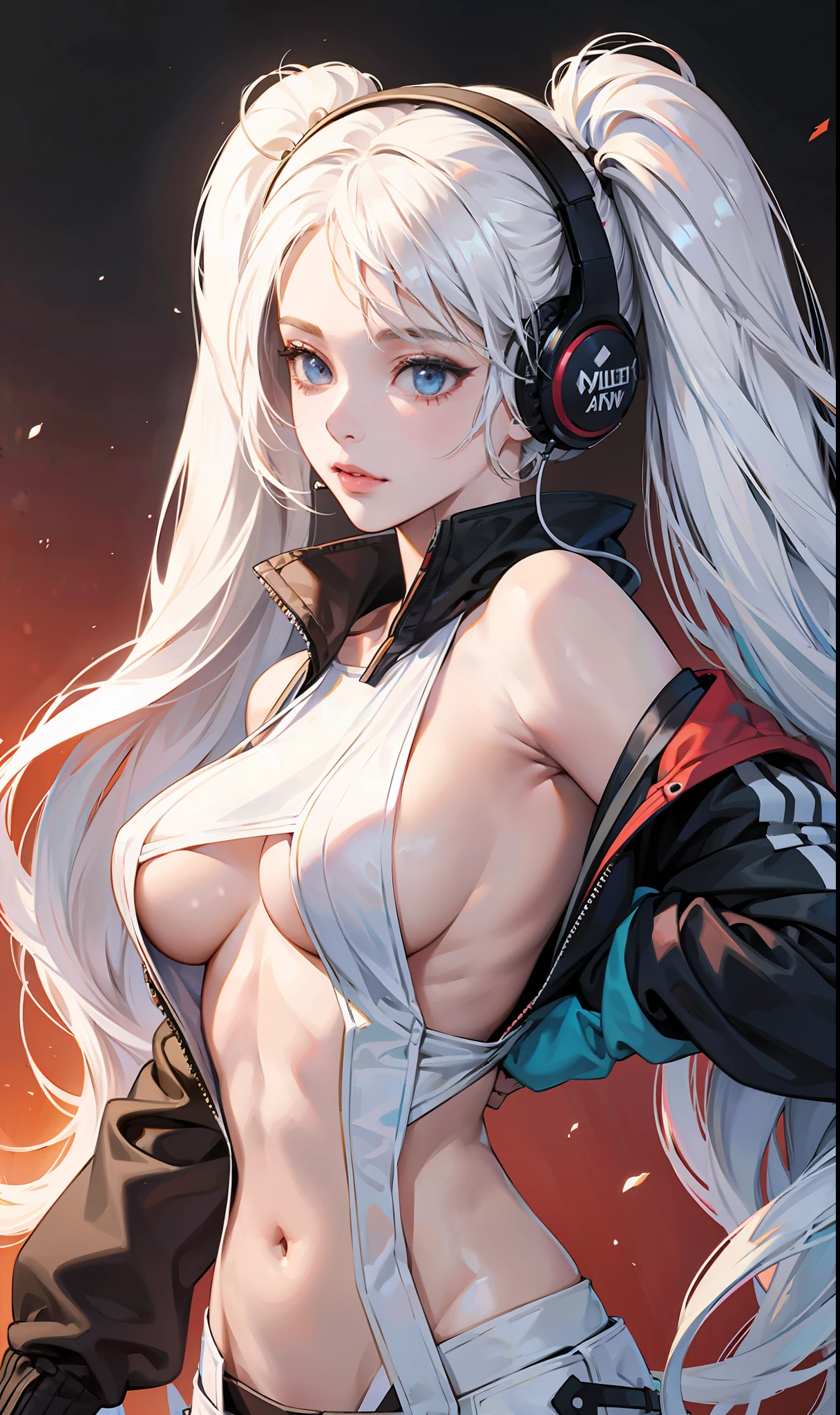 1girl, twintails,white hair,medium breasts,underboob,headphone,(masterpiece:1.4),(best quality:1.4),realistic