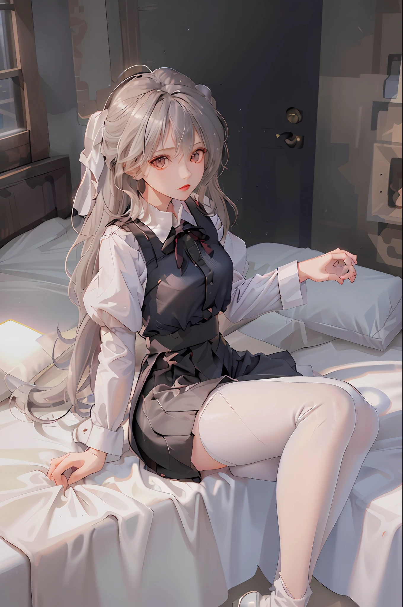 (((1 girl)),ray tracing,(dim lighting),[detailed background (bedroom)),((silver hair)),((silver hair)),(Fluffy silver hair, plump and slender girl))) with high ponytail))) Avoid golden eyes in the ominous bedroom ((((Girl wears a white shirt, black wrinkled skirt with black transparent pantyhose), showing a delicate slim figure and graceful curves, correct limbs, sitting on the bed with hands behind her head, Put both hands behind your head
