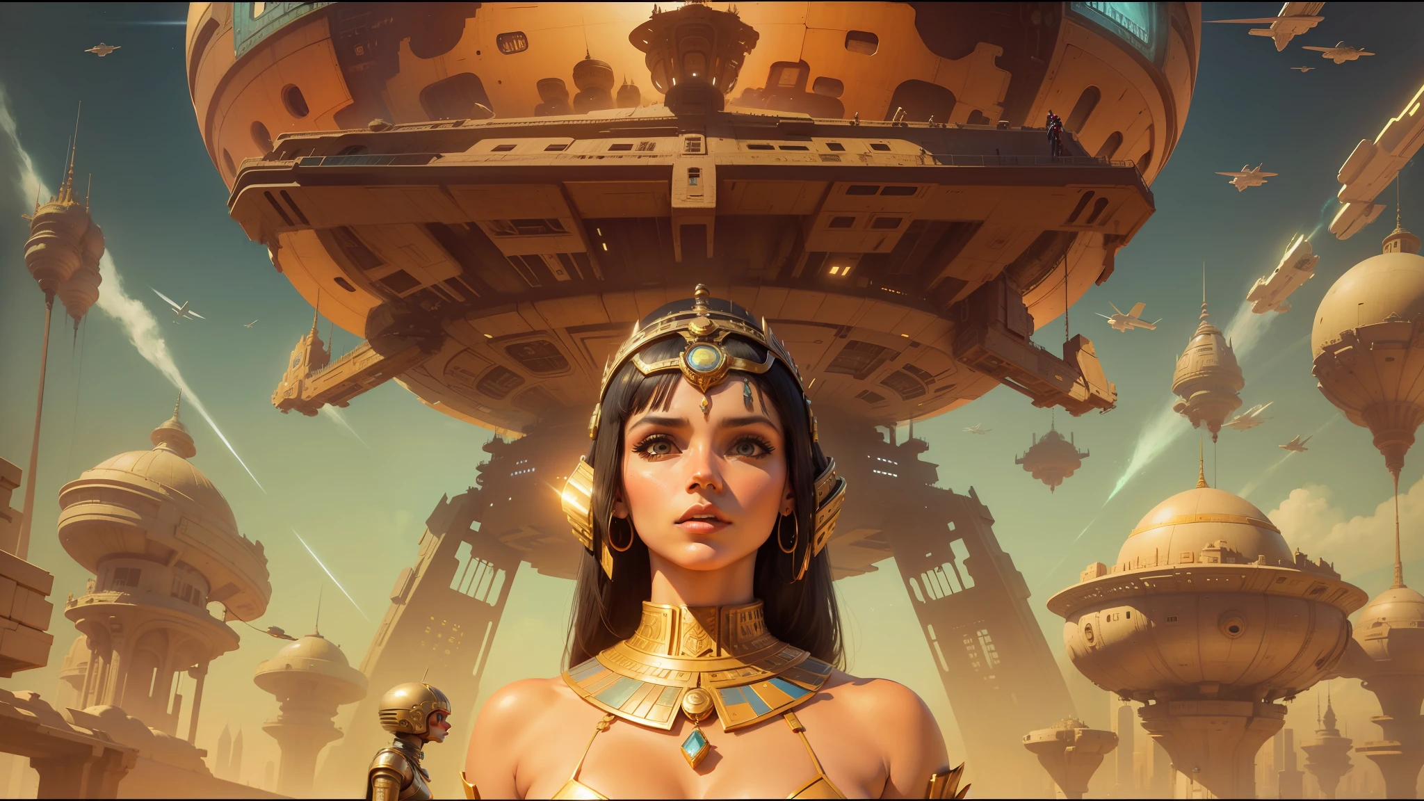 there is a woman standing in front of a futuristic city, painting of ornate space ship, roger deakin ’ s cinematography, futuristic city in background, android girl in egyptian ruins, inspired by Jim Steranko, big computer, grindhouse, cleopatra --auto --s2
