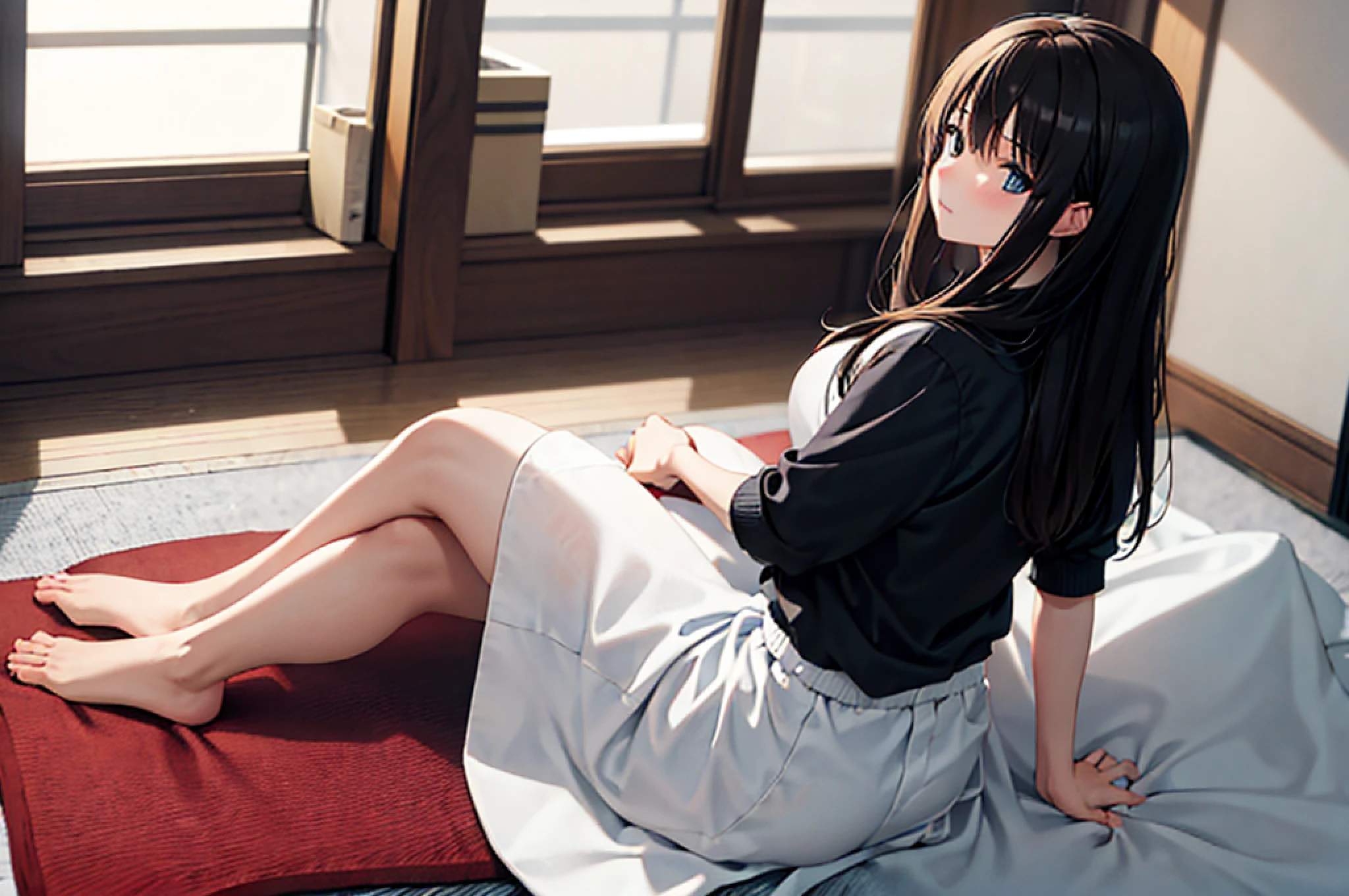 in a rather stooped, tight simple clothes, looking from behind, in a white short dress, in an apartment in Japan,