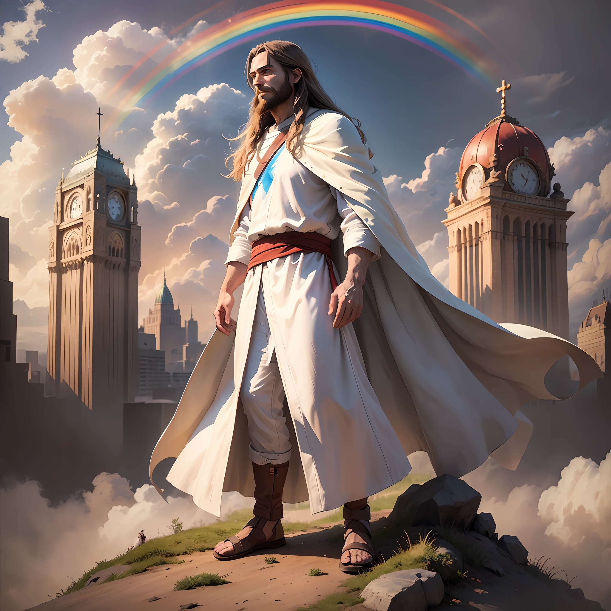 full-body,Jesus, bright light, a man with long brown hair and a beard, wearing a white robe and a red cloak, standing on a hill with his arms open, surrounded by people of different ages and races, a city and a rainbow in the background, 8k, watercolor