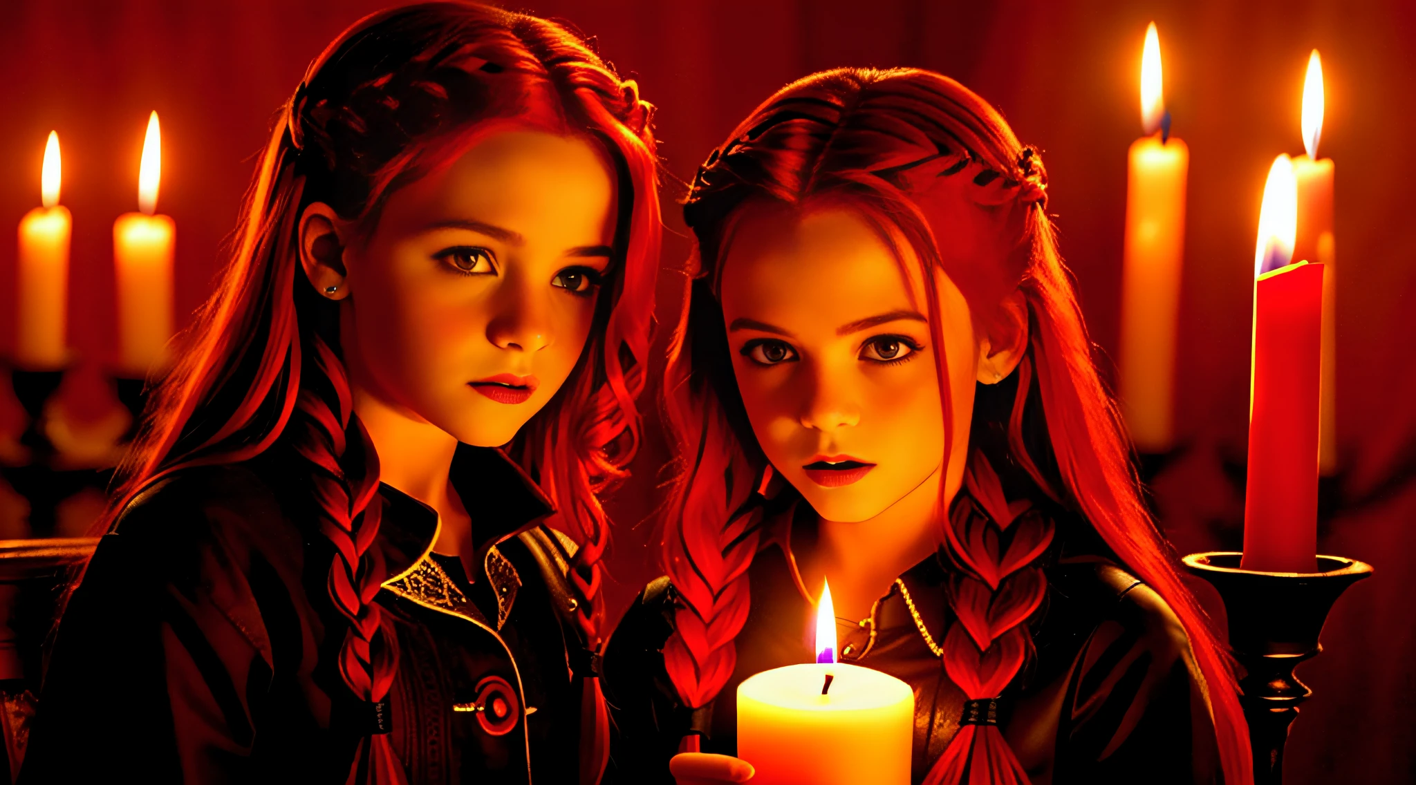 GIRLS VAMPIRE KIDS STYLE TWILIGHT MOVIE, . And red hair of braid, red background. candles with fire.