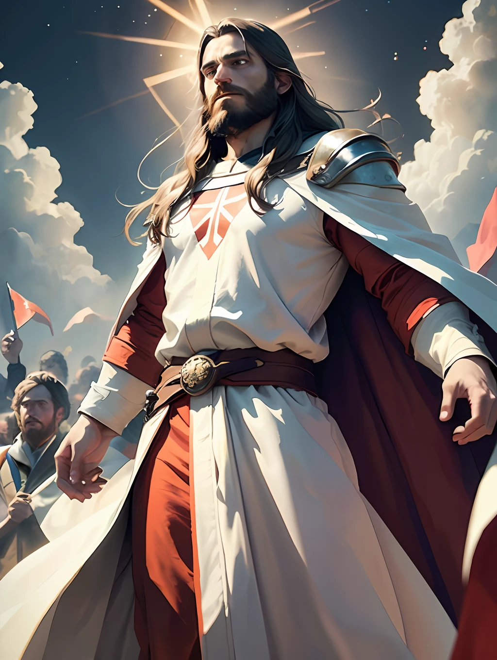 full-body,Jesus, bright light, a man with long brown hair and a beard, wearing a white robe and a red cloak, standing on a hill with his arms open, surrounded by people of different ages and races, a city and a rainbow in the background, 8k, watercolor