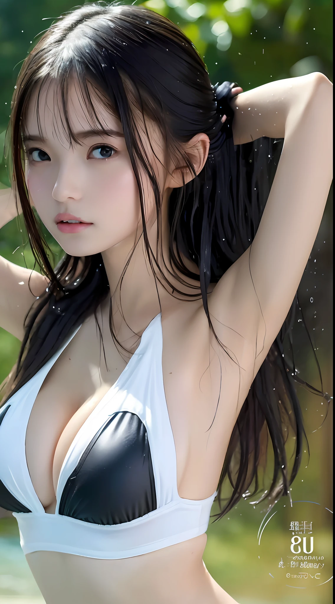 ((Best Quality, 8k, Masterpiece: 1.3)), 1 girl, Beautiful girl with slender abs: 1.3, (random hairstyle, huge breasts: 1.2), Wet clothes: 1.2, Ultra detailed face, detailed eyes, double eyelids, sexy swimsuit, black bikini