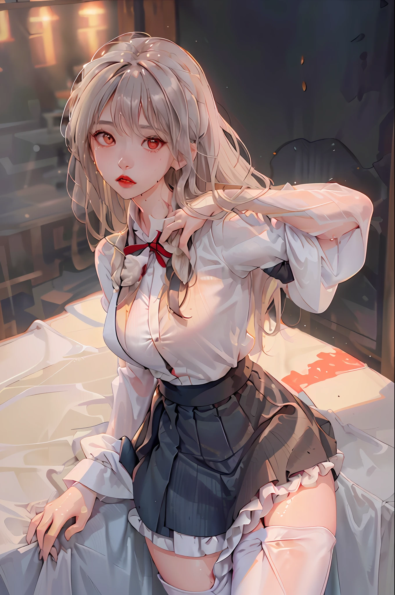 (((1 girl)),ray tracing,(dim lighting),[detailed background (bedroom)),((silver hair)),((silver hair)),(Fluffy silver hair, plump and slender girl))) with high ponytail))) Avoid golden eyes in the ominous bedroom ((((Girl wears a white shirt, black wrinkled skirt with black transparent pantyhose), showing a delicate slim figure and graceful curves, correct limbs, sitting on the bed with hands behind her head, Masterpiece with two hands on the back of the head: 1.2, best quality), realistic, (real picture, rich details details, depth of field), (1girl, solo), makeup, cleft lip, high detail, perfect face shape, (big breasts: 1.4), (skindentation), Thick thighs, wide hips, thin waist, tall, coral, red lips, red eyes, (sweat: 1.2), (wet), sexy, blush