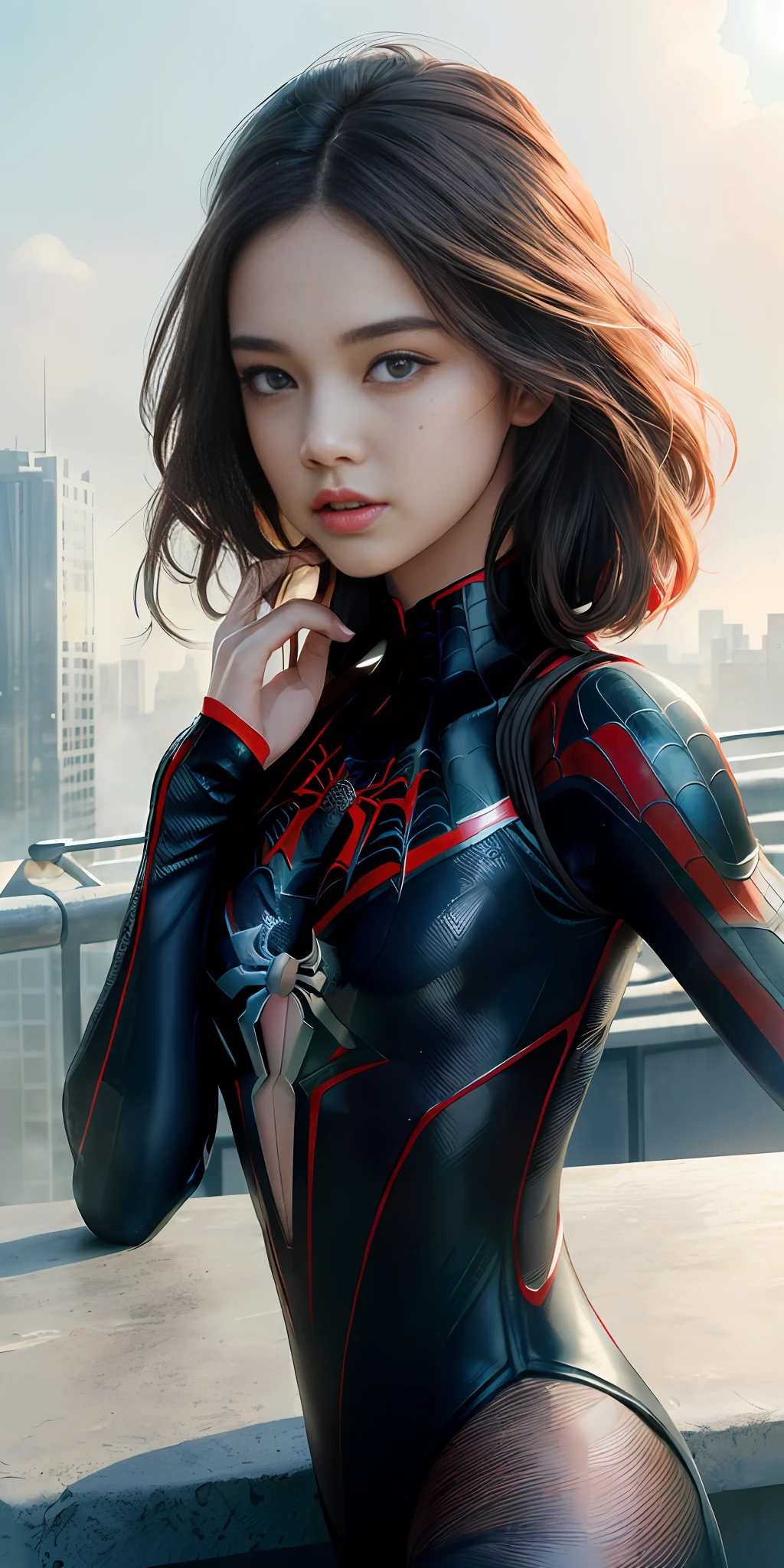(1girl:1.3), Solo, (((Very detailed face)))), ((Very detailed eyes and face)))), Beautiful detail eyes, Body parts__, Official art, Unified 8k wallpaper, Super detailed, beautiful and beautiful, beautiful, masterpiece, best quality, original, masterpiece, super fine photo, best quality, super high resolution, realistic realism, sunlight, full body portrait, amazing beauty, dynamic pose, delicate face, vibrant eyes, (from the front), She wears Spider-Man leotard, red and black color scheme, spider, very detailed city roof background, rooftop, overlooking the city, detailed face, detailed complex busy background, messy, gorgeous, milky white, highly detailed skin, realistic skin details, visible pores, clear focus, volumetric fog, 8k uhd, DSLR, high quality, film grain, fair skin, photo realism, lomography, futuristic dystopian megalopolis, translucent