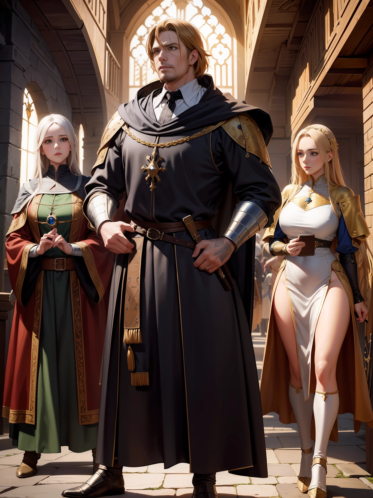 extremely detailed poster image of four characters two men and two women, ((medieval style, rpg character class)), 8k uhd, RAW photography, digital painting, ultra detailed, golden ratio