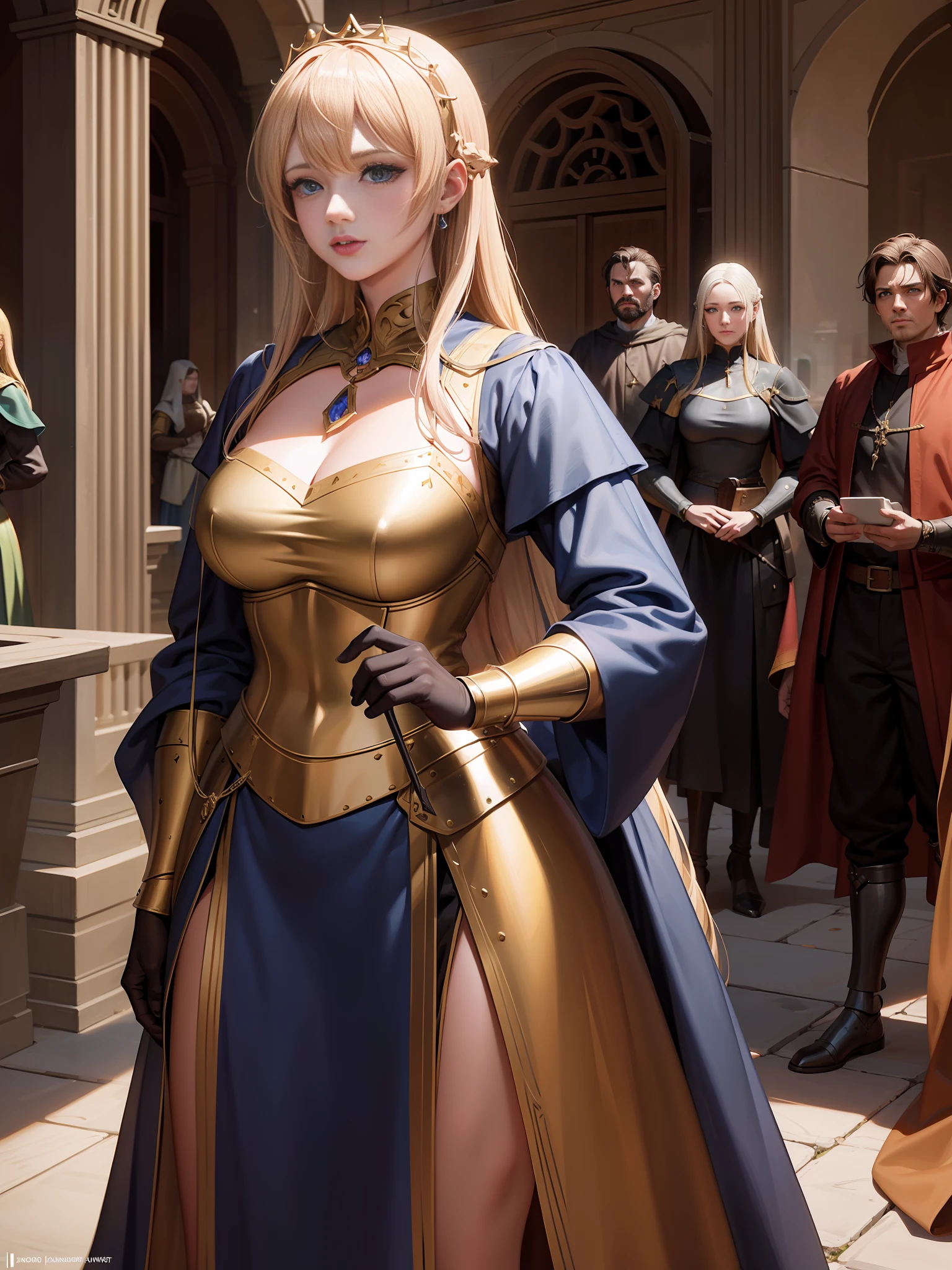 extremely detailed poster image of four characters two men and two women, ((medieval style, rpg character class)), 8k uhd, RAW photography, digital painting, ultra detailed, golden ratio