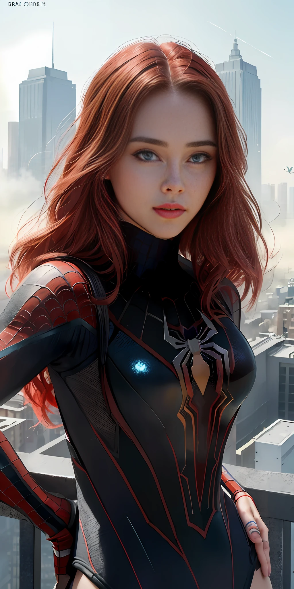 (1girl:1.3), Solo, (((Very detailed face)))), ((Very detailed eyes and face)))), Beautiful detail eyes, Body parts__, Official art, Unified 8k wallpaper, Super detailed, beautiful and beautiful, beautiful, masterpiece, best quality, original, masterpiece, super fine photo, best quality, super high resolution, realistic realism, sunlight, full body portrait, amazing beauty, dynamic pose, delicate face, vibrant eyes, (from the front), She wears Spider-Man leotard, red and black color scheme, spider, very detailed city roof background, rooftop, overlooking the city, detailed face, detailed complex busy background, messy, gorgeous, long red hair, highly detailed skin, realistic skin details, visible pores, clear focus, volumetric fog, 8k uhd, DSLR, high quality, film grain, fair skin, photo realism, lomography, futuristic dystopian megalopolis, translucent