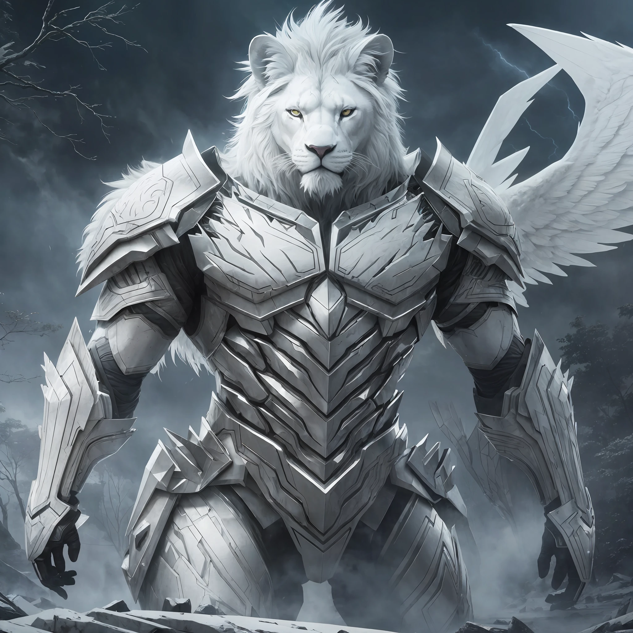 CryEngine, giant white lion with white wings, silver armor, white eyes,soil, animalistic body, destroyed forest scenery full of lightning,32k, Super-Resolution, Full-HD, 1080p, Widescreen, Cybernoir --auto --s2