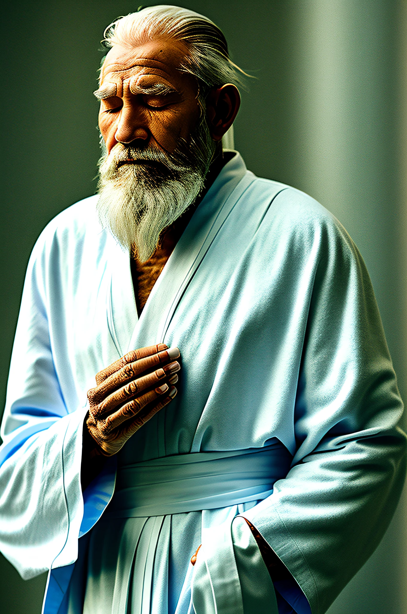 a meditating sage, with a white robe, with blue details, white beard, calm countenance, realistic image, Expressionism, relationship graph, reflection light, backlighting, UHD