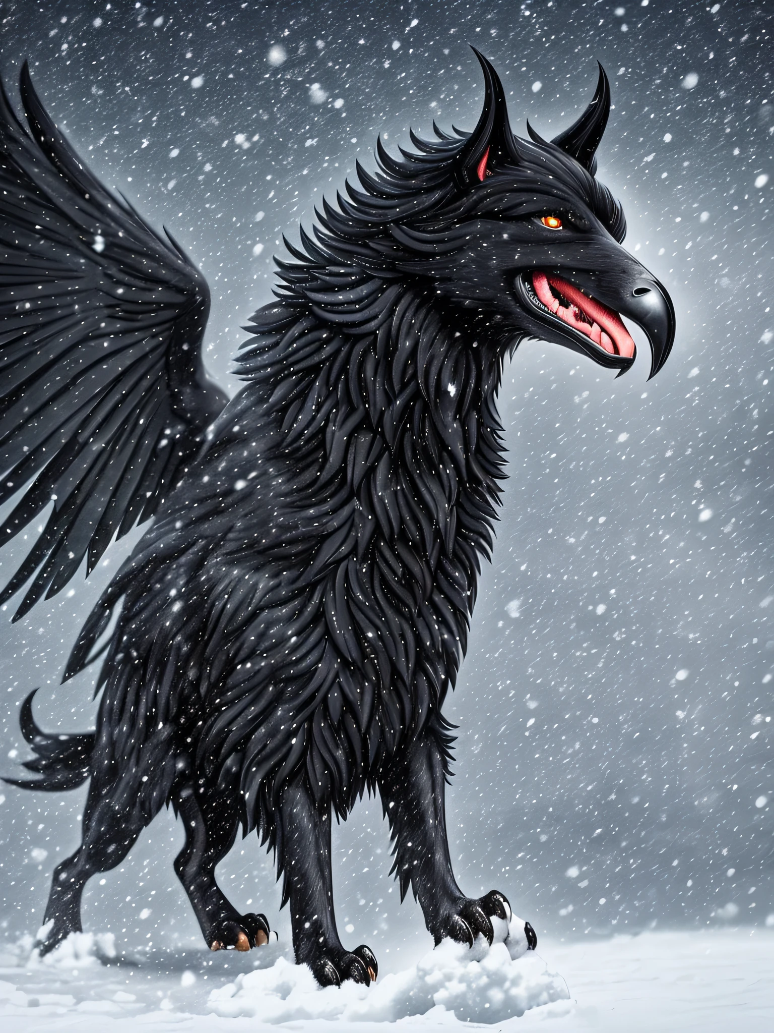 he is one black all-black demonic monster dog with a bird's head and beak and huge black wings, (on four legs with a body covered with completely black hair and a long black tail of a dog). Background Snowy endless plain, falling snow --auto --s2