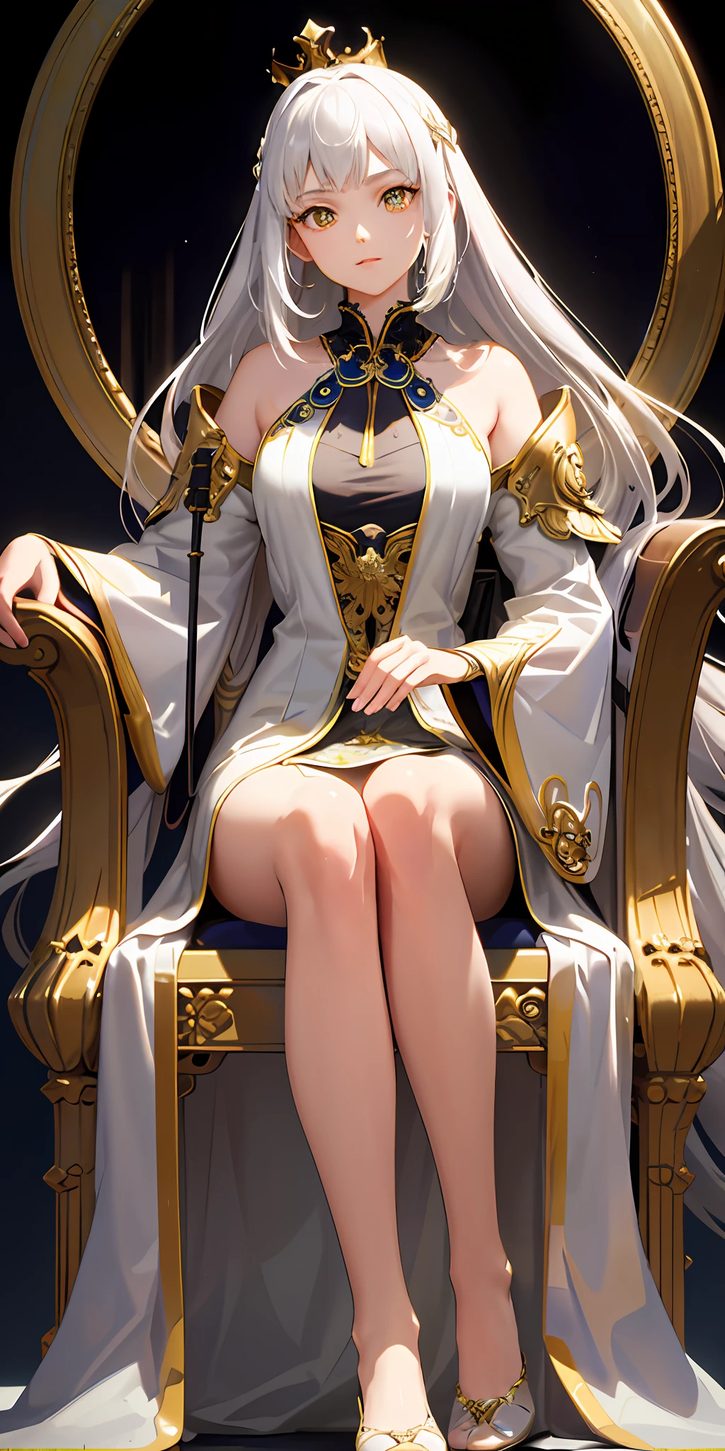 (Masterpiece:1.2), best quality, (illustration:1.2), (ultra-detailed), hyper details, (delicate detailed), (intricate details), (cinematic light, best quality Backlights), clear line, from below, solo Female, perfect body, (1girl), white hair and yellow eyes, (emperor, black see-through clothes), (crown: 1.1), sitting on the throne, eyes slightly closed, head down, head down, (shy: 1.2 ), ((makeup )), high contrast, (best illumination, an extremely delicate and beautiful), ((cinematic light)), colorful,3D, master level, steampunk, wizarding school, long hair, battle stances