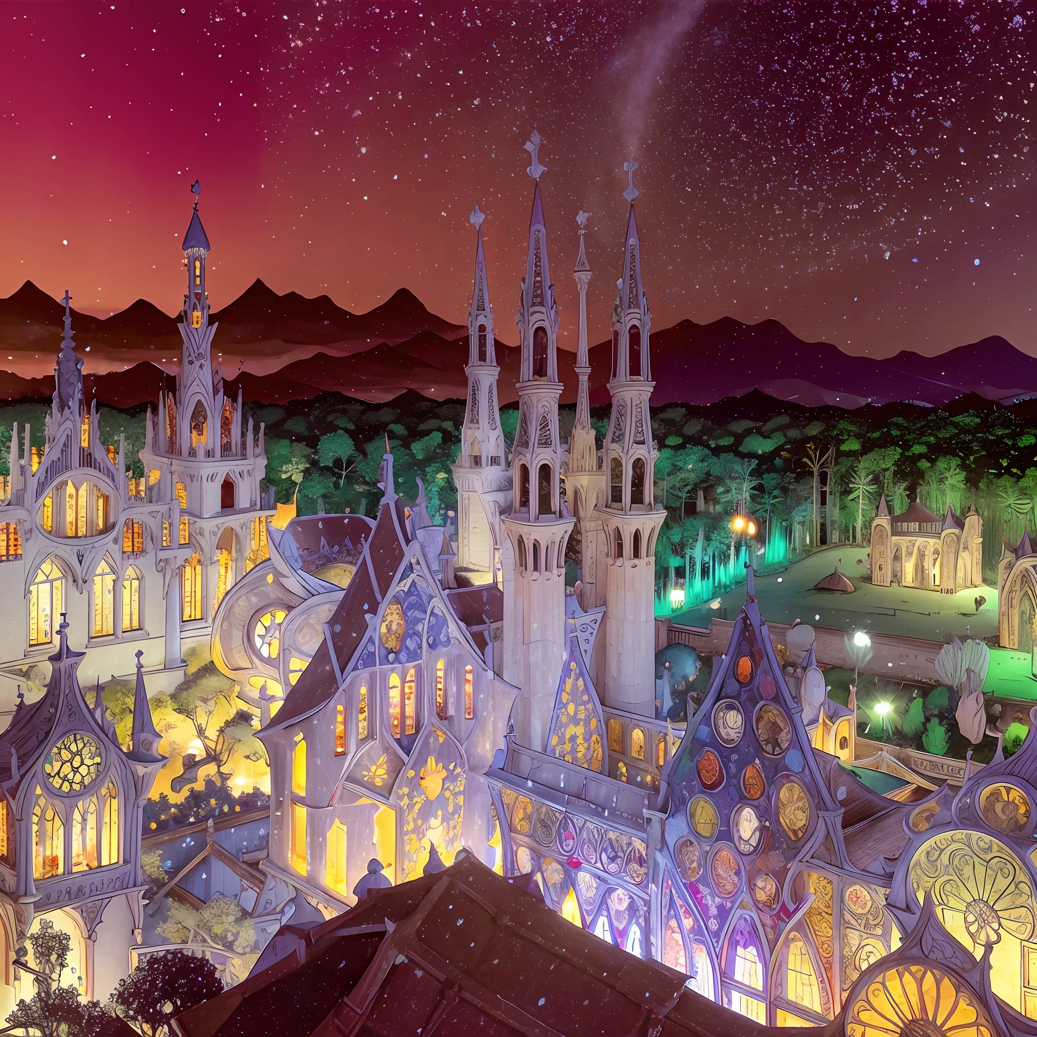[Gaudí-style castles, arteau castles of Guima, Horta and Gaudí] + [Tower castle of the Sagrada Familia, fairy lights, environment similar to Park Güell, portals and windows of Horta and Guima, atmosphere at night, colored lights] --auto --s2