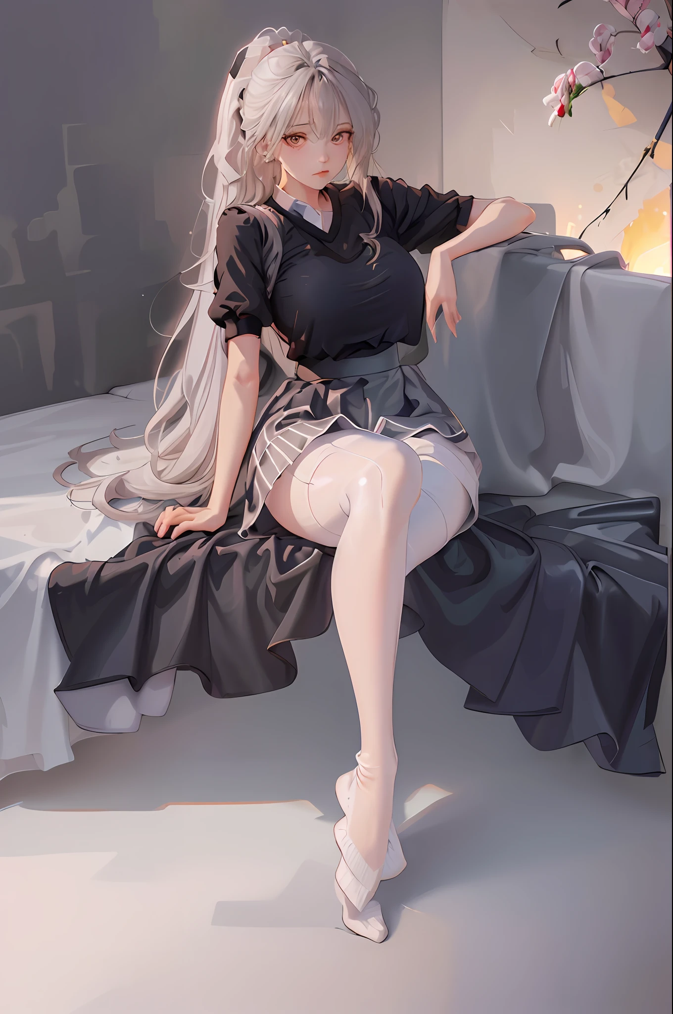 (((1 girl)),ray tracing,(dim lighting),[detailed background (bedroom)),((silver hair)),((silver hair)),(Fluffy silver hair, plump and slender girl))) with high ponytail))) Avoid golden eyes in the ominous bedroom ((((Girl wears a white shirt, black wrinkled skirt with black transparent pantyhose), showing a delicate slim figure and graceful curves, correct limbs, sitting on the bed with hands behind her head, Put both hands behind your head
