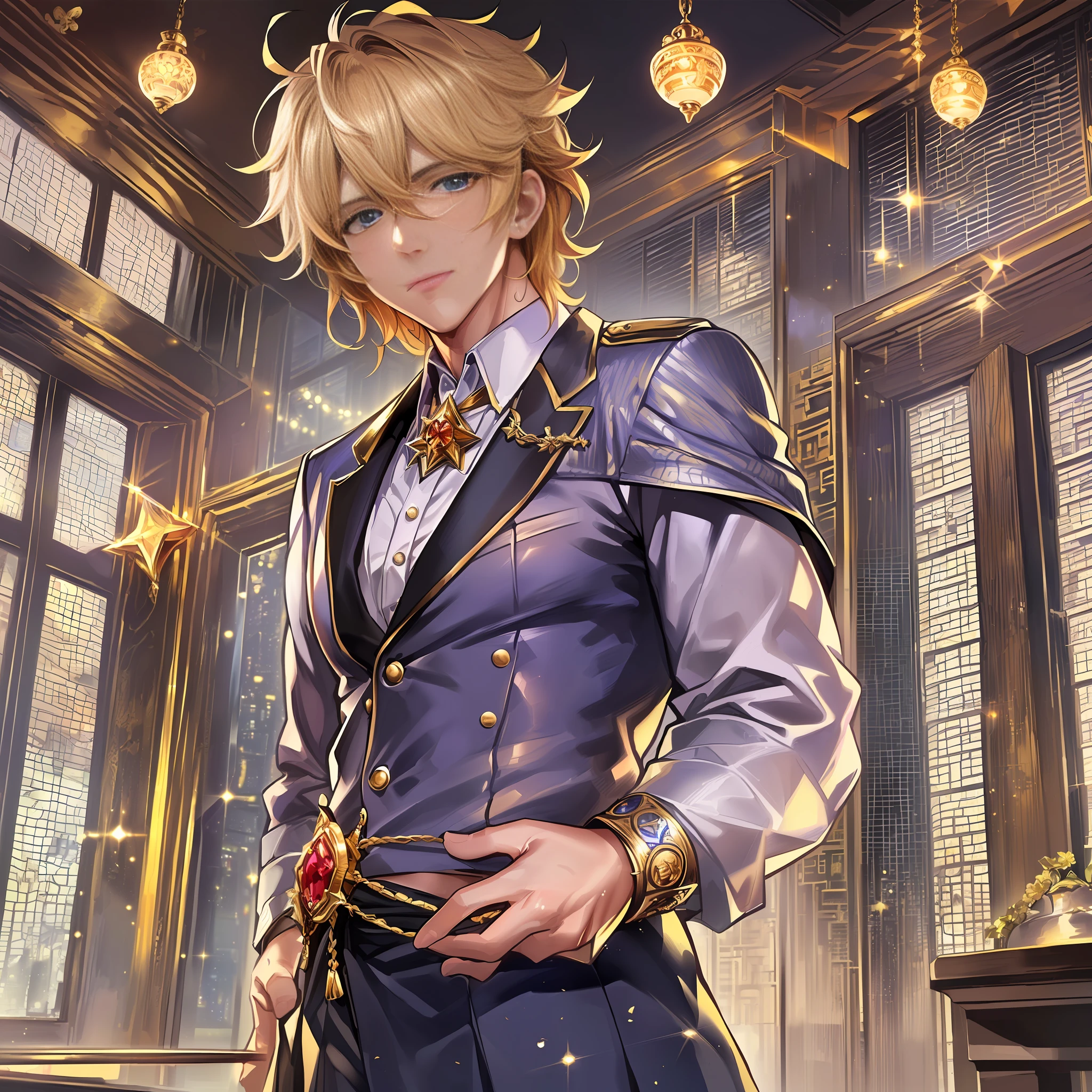 1 Boy, Real and Highly Detailed Face, Super Detailed, (Wide Shoulders), (((Golden Ratio)), ((Handsome)), ((Ensemble Stars!)), Otome Game, Prince, Anime Illustration, Complex, Cowboy Shot, Detailed Eyes, Bangs, Short Hair, Beautiful Eyes Like Jewels, NSFW, Muscles, Abs, Beautiful Skin, Shiny Skin, Open Shirt, School Uniform, Classroom in Background, Sweat, Soft Lighting, 8K, Anatomically correct, a masterpiece