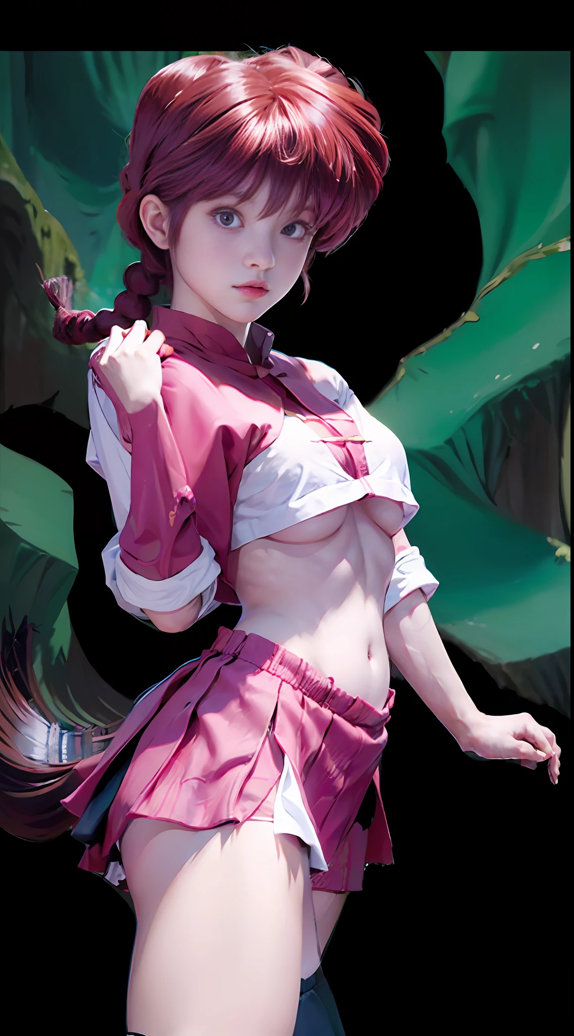((Ranma-chan: 5)) Best Quality, Ultra High Resolution, Masterpiece, (Realisticity: 1.6), 16K, (1girl with open belly button), white stockings, rainforest, flowers, braided ponytail, single ginger braid, school uniform, (underboob), big breast