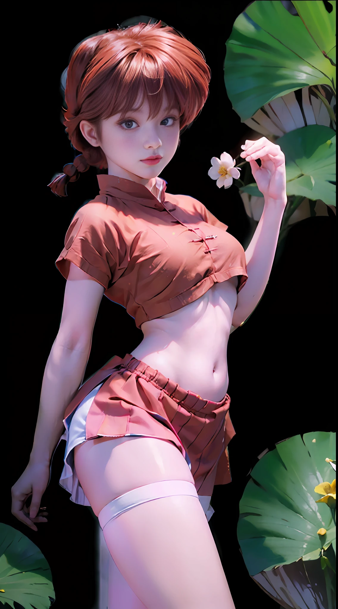 ((Ranma-chan: 5)) Best Quality, Ultra High Resolution, Masterpiece, (Realisticity: 1.6), 16K, (1girl with open belly button), white stockings, rainforest, flowers, braided ponytail, single ginger braid, school uniform, (underboob), big breast