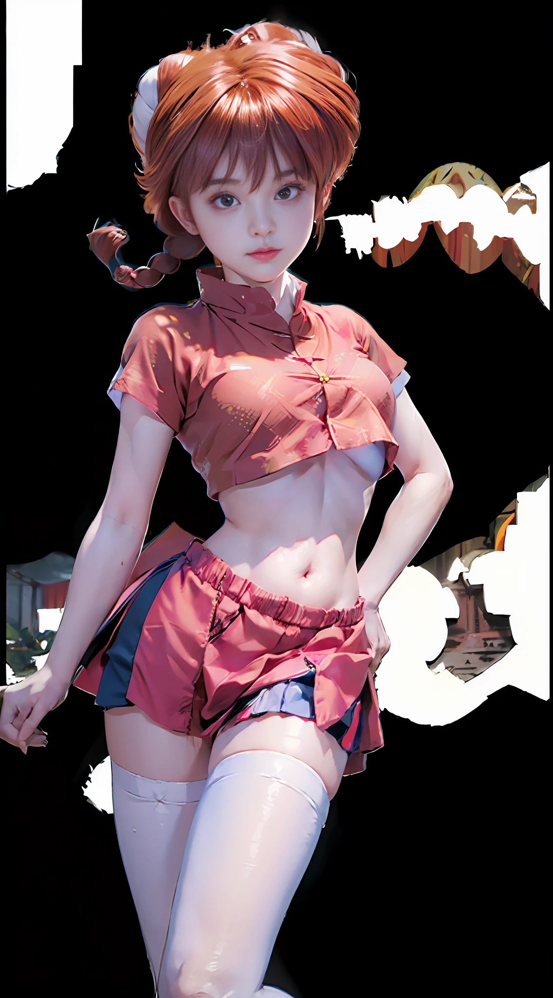 ((Ranma-chan: 5)) Best Quality, Ultra High Resolution, Masterpiece, (Realisticity: 1.6), 16K, (1girl with open belly button), white stockings, rainforest, flowers, braided ponytail, single ginger braid, school uniform, (underboob), big breast