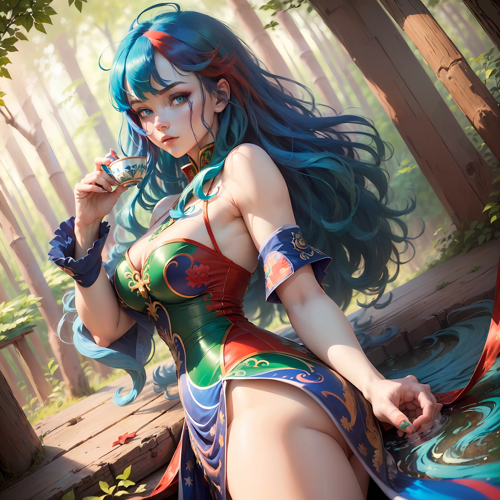 (masterpiece,best quality, super-detailed, 8k wallpaper, beautiful illustration, dynamic angle, dynamic pose, (1girl), blue eyes, (long multicolored hair + blue hair:1.3+red hair:1.2+green hair:1.3), elegant Chinese dress with bare shoulders, forest, lake, pure, soft smile, bamboo, tea) --auto --s2