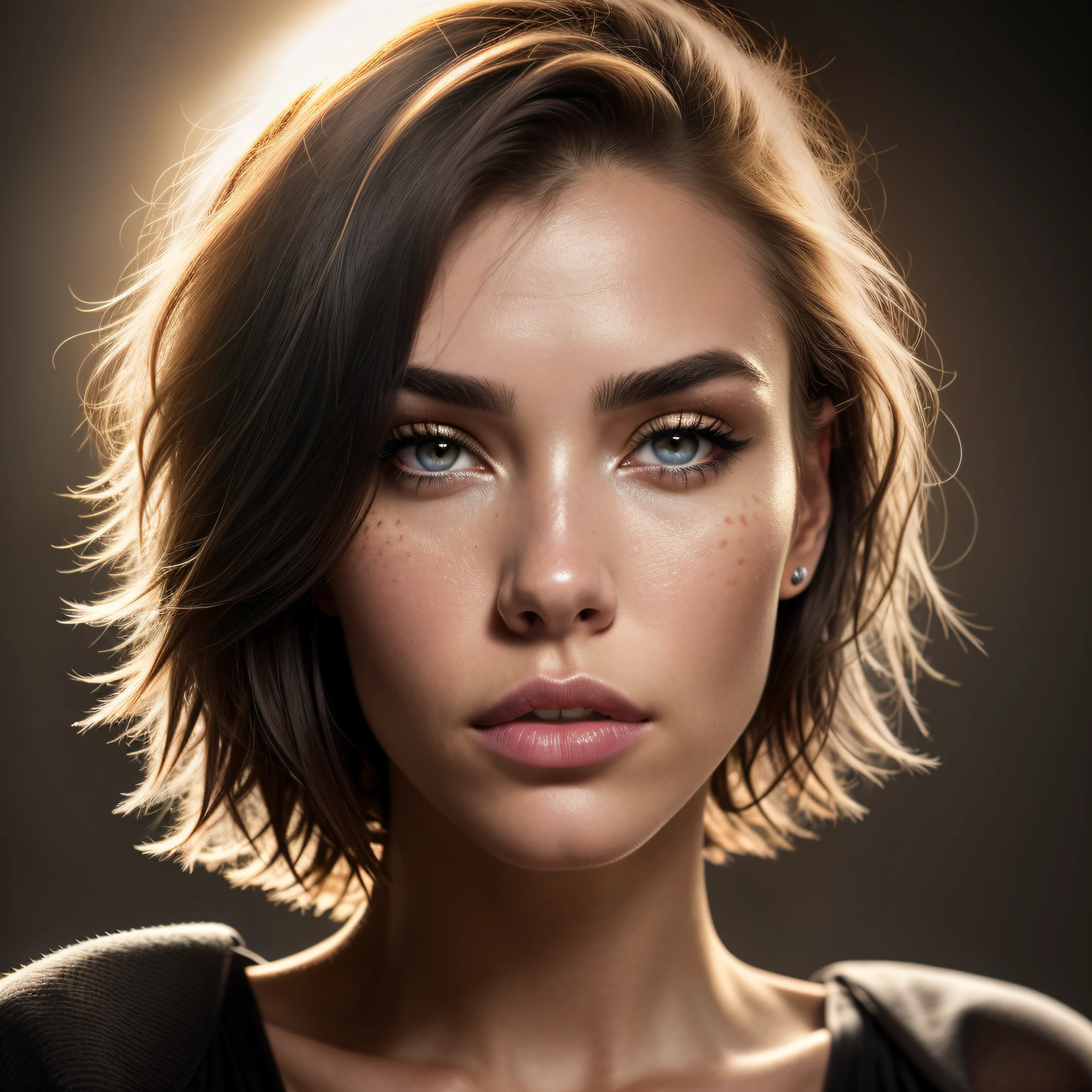 face of a model in close,(((front view))) Madison Beer, head shot, short hair and gorgeous as paint, smoky makeup, bright eyes, bluish-golden-gray eyes, golden spots, defined eyes, realistic eyes, doe eyes, beautiful perfect symmetrical face, extremely detailed, melancholy expression, painted by Tom Bagshaw and Eve Ventrue and Jeremy Lipking, ultra hd, hdr, 8k,  cinematic, dramatic lighting, studio Portrait Lighting, illuminated face, 85mm, volumetric lighting, ray tracing reflections